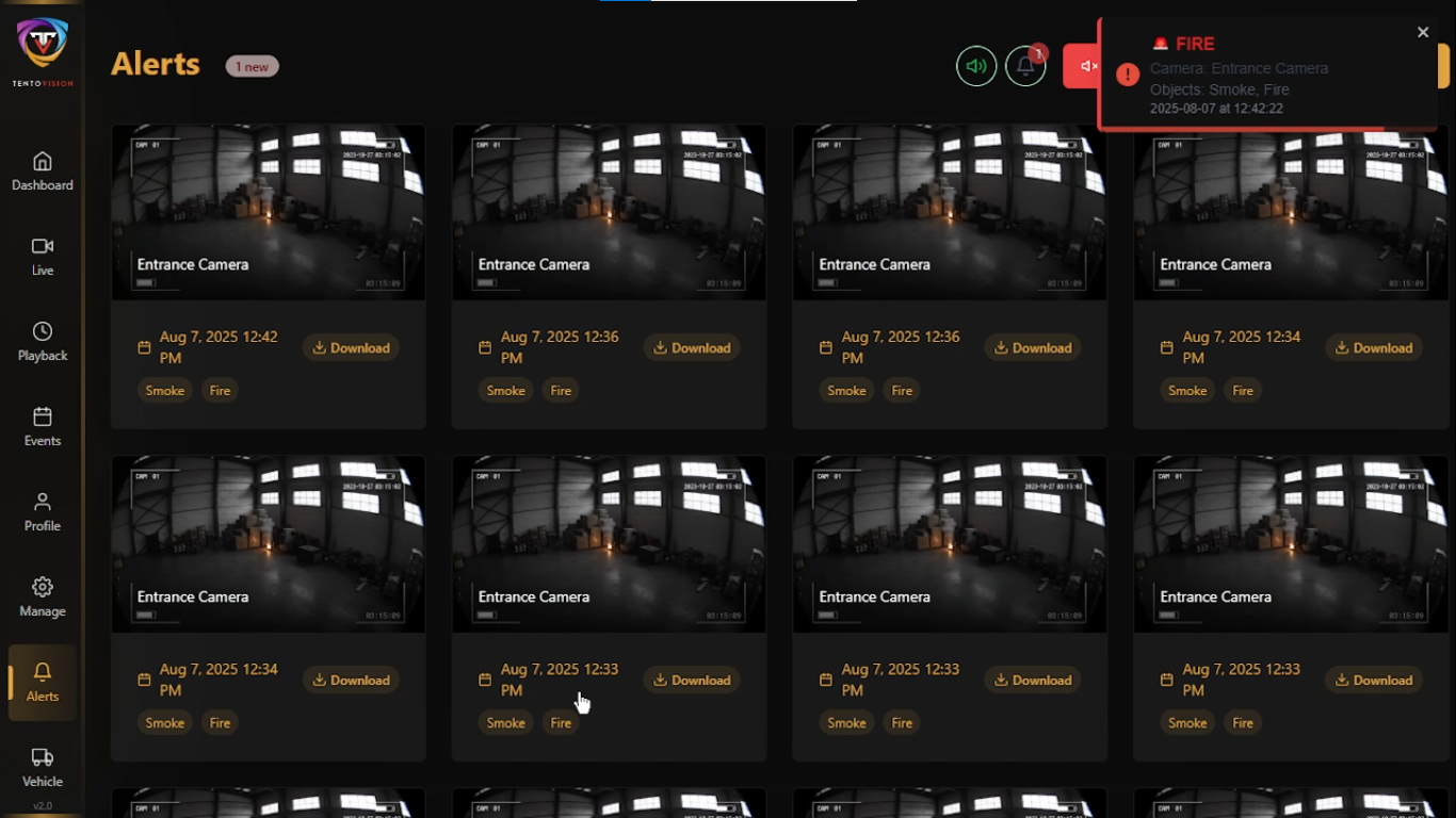 Dashboard showing real-time fire detection alerts