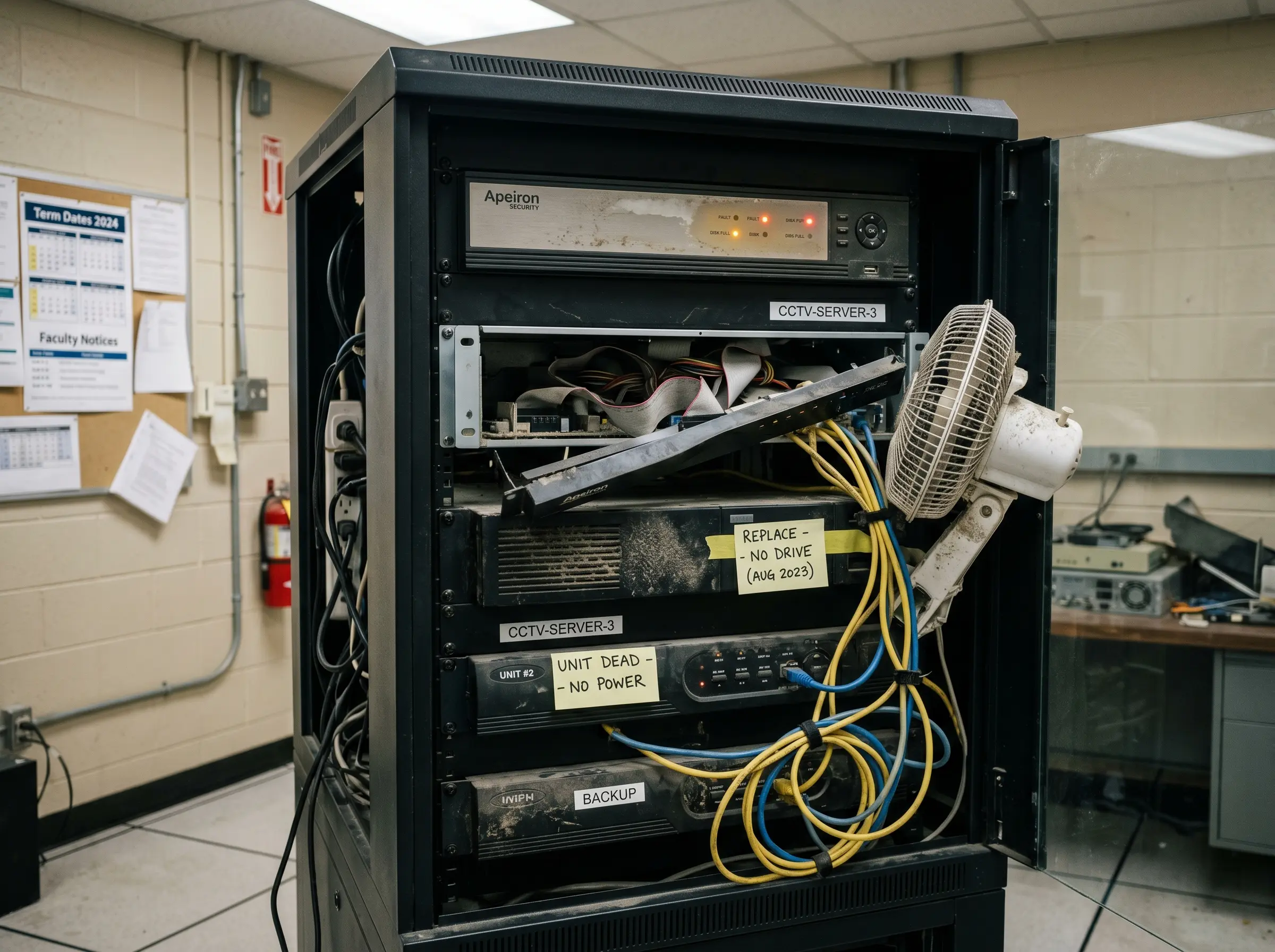Aging on-premise DVR and NVR rack at NIFT Chennai before migration to TentoVision Cloud VMS