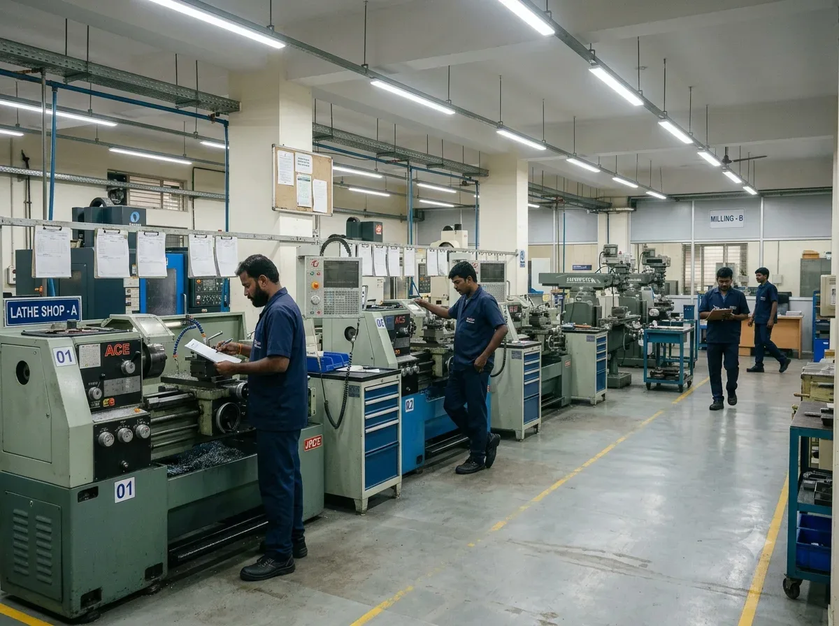 Chennai precision engineering shop floor at Aditya Engineering before AI workforce monitoring — attendance registers, no machine-level visibility