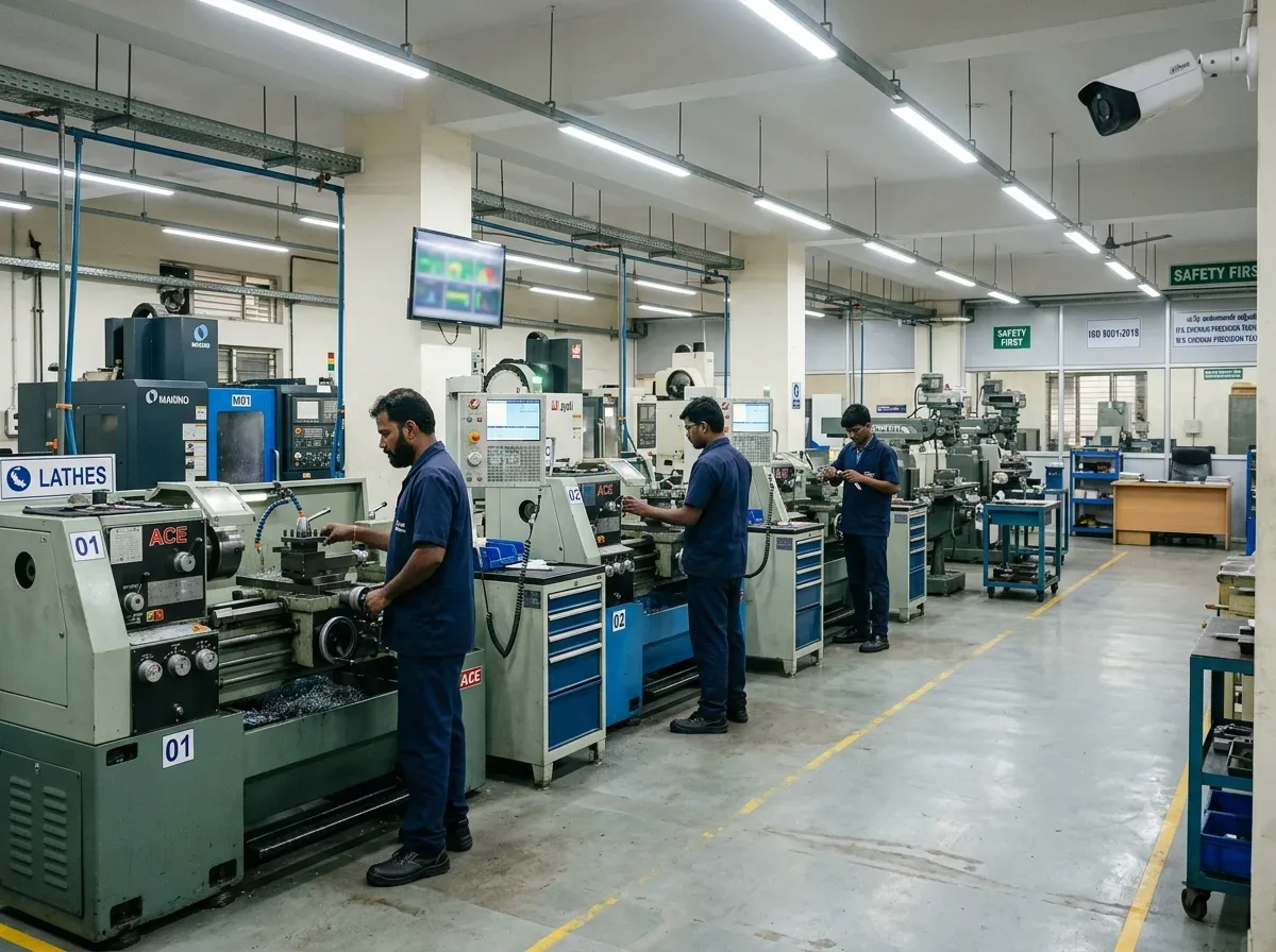 Aditya Engineering Chennai precision engineering shop floor monitored by TentoVision AI workforce monitoring
