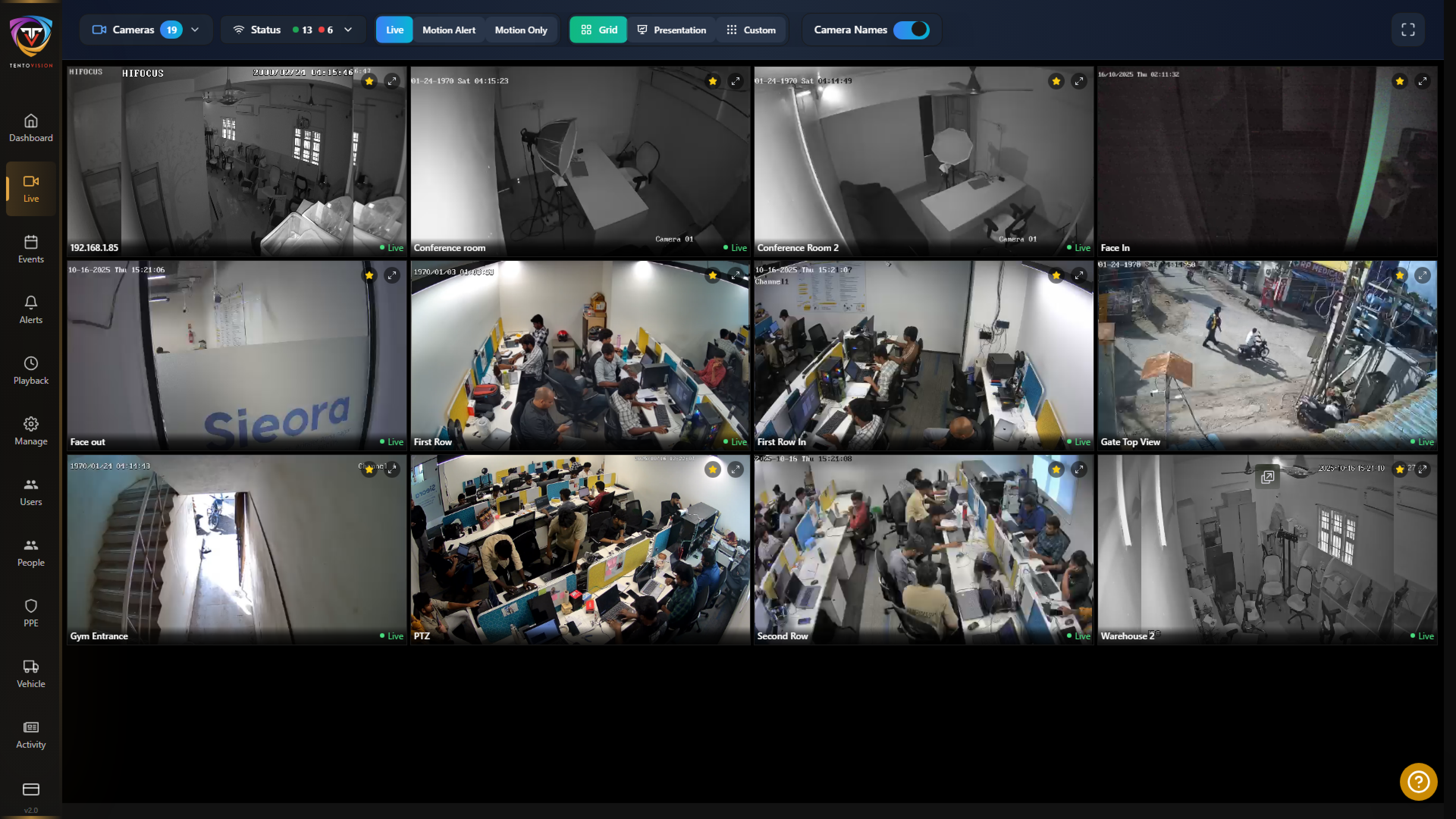 Per-camera retention assurance dashboard in TentoVision — every one of 270+ cameras at Banco India verified as recording per shift