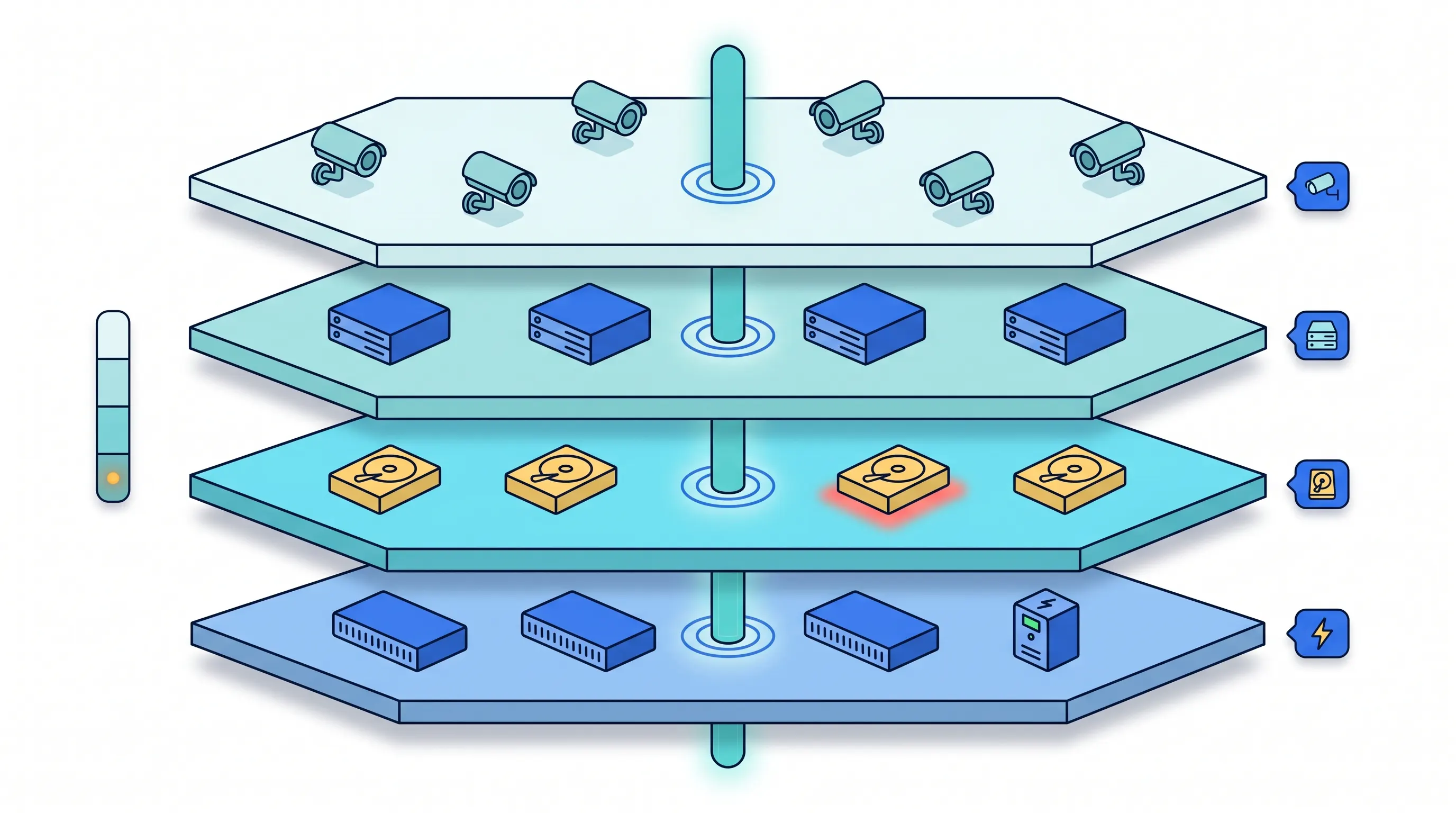 Tentovision four-layer CCTV downtime prevention architecture — camera, recorder, storage, and network/power monitoring
