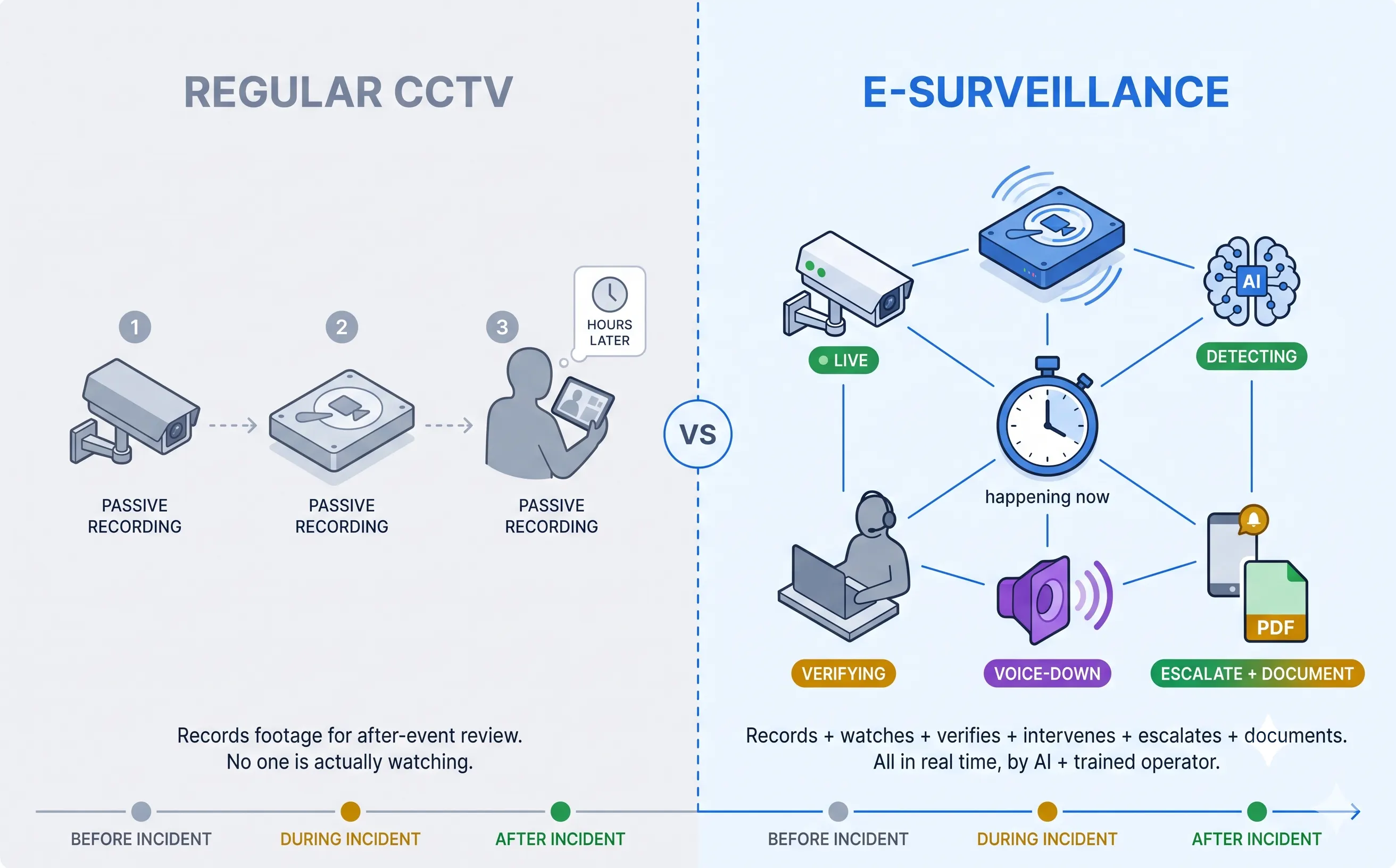 E-surveillance actively monitors and responds in real time while ordinary CCTV only records for after-event review