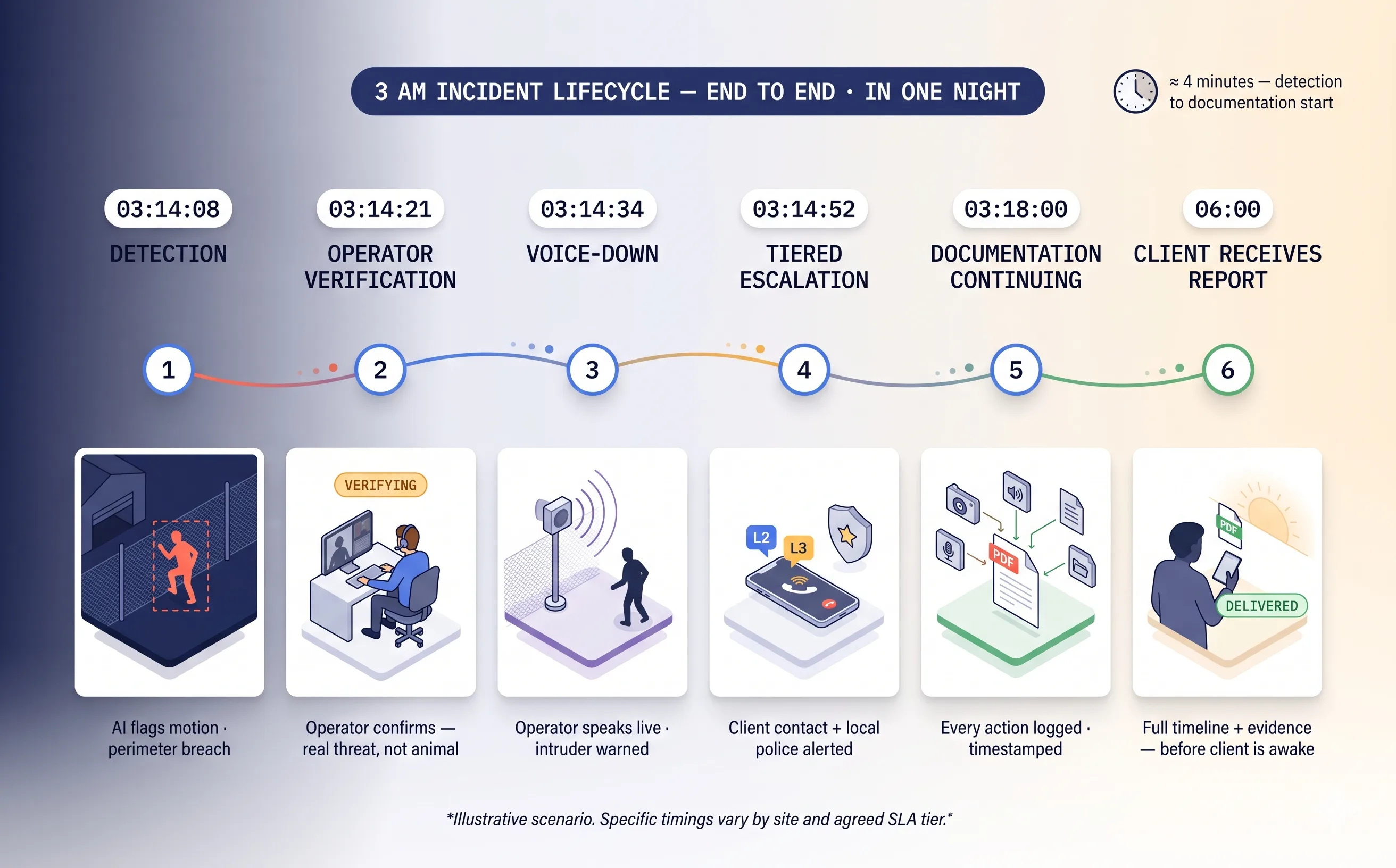 Illustrative 3 AM incident lifecycle timeline showing detection, verification, voice-down, escalation, and documentation sequence