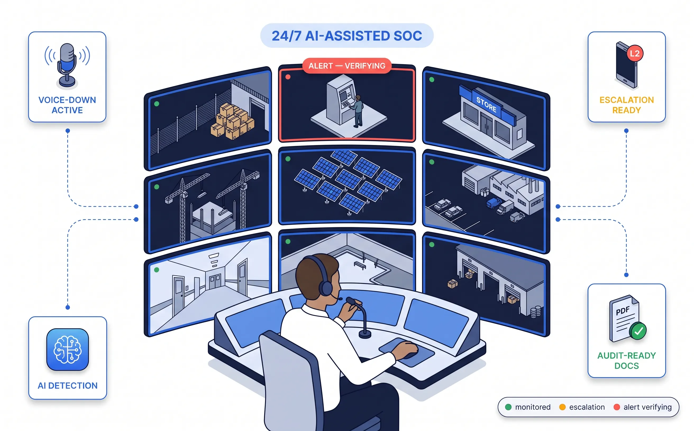 Tentovision SOC operator monitoring live CCTV feeds with AI-assisted threat detection across distributed client sites
