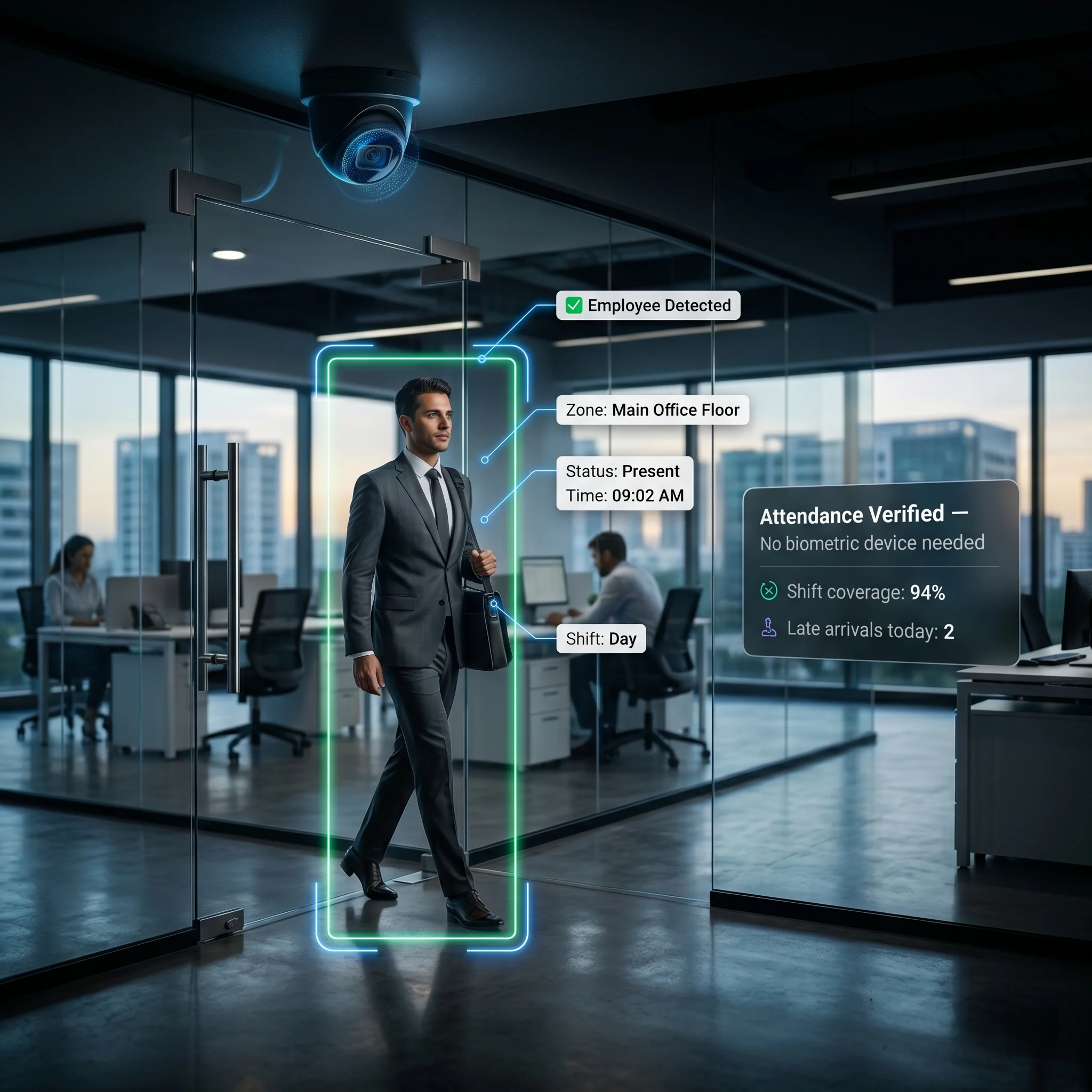 Tentovision detecting employee attendance and zone presence on a CCTV feed