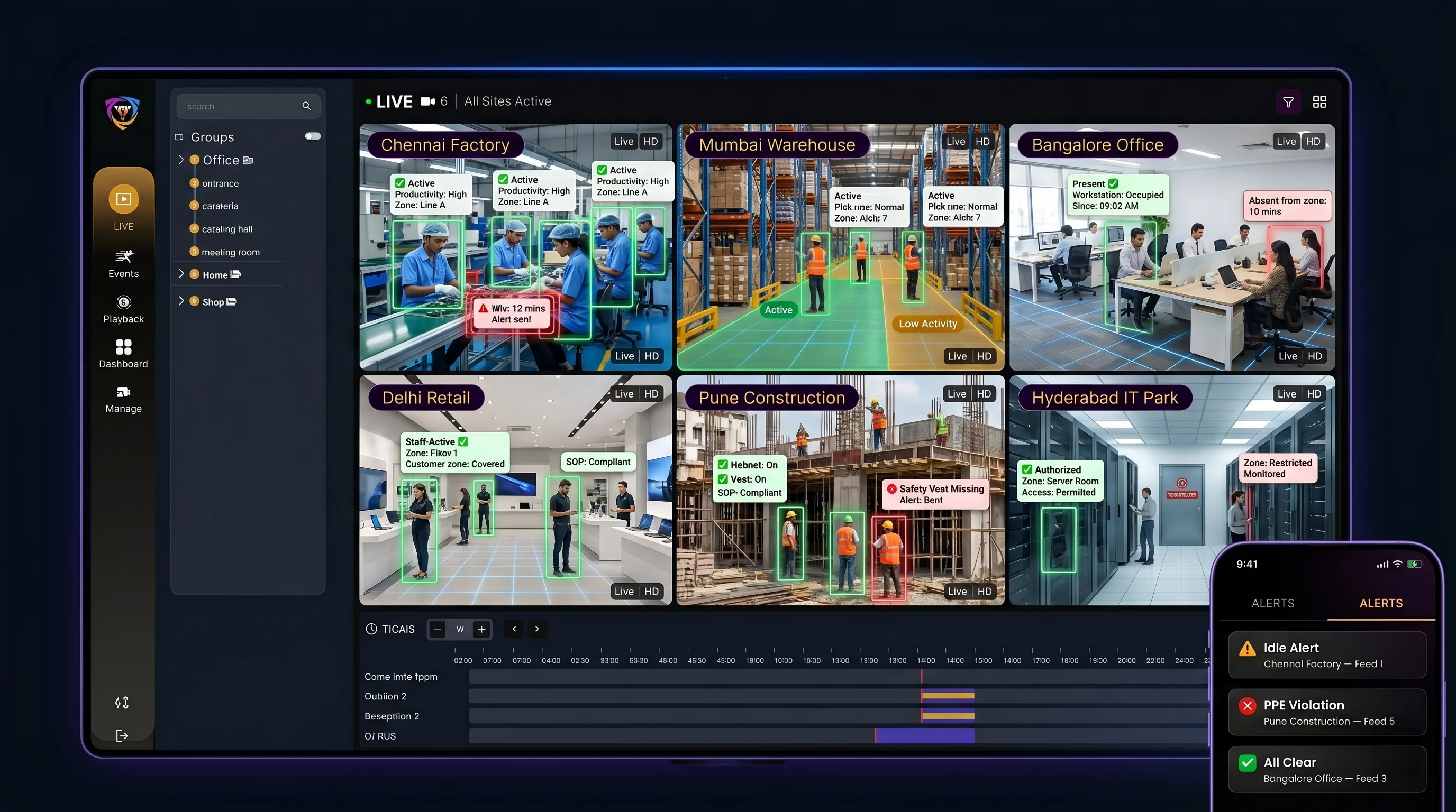 Tentovision CCTV employee monitoring dashboard showing real-time workforce activity, attendance and SOP compliance