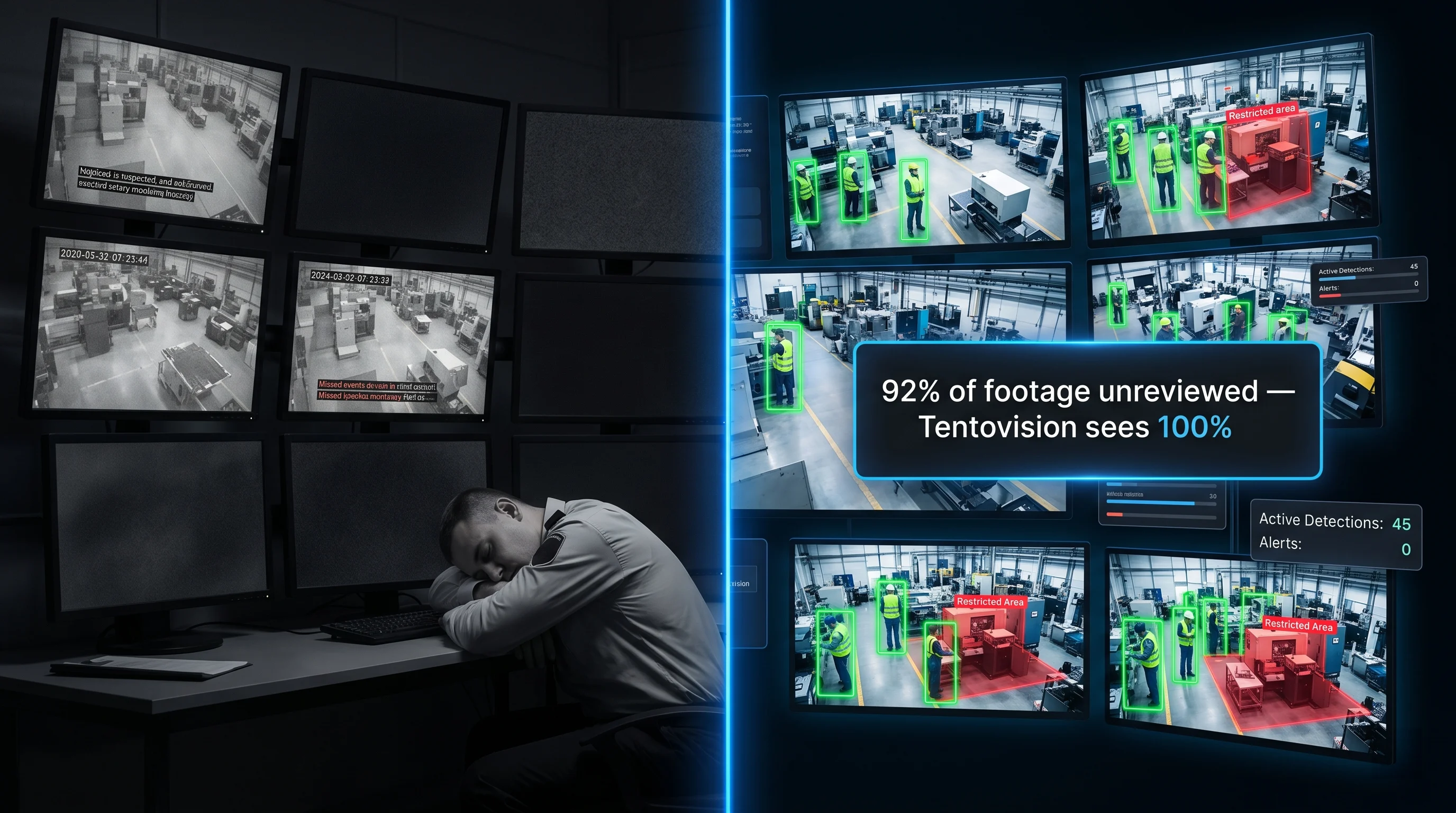 Comparison of manual CCTV review covering 5% versus Tentovision AI analysing 100% of footage