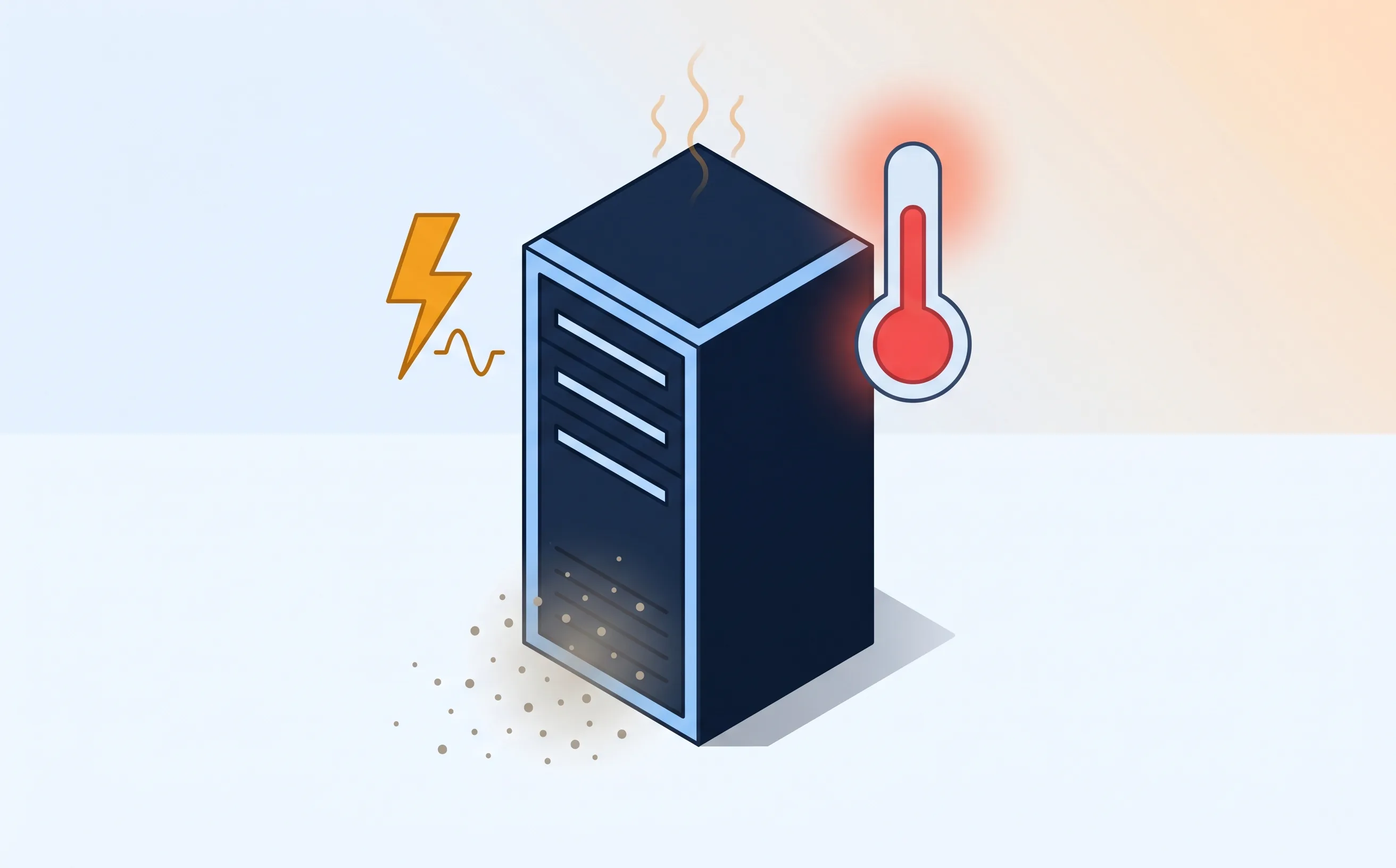 Indian NVR cabinet running hot at 42 degrees Celsius with thermometer, dust accumulation, and fluctuating power supply