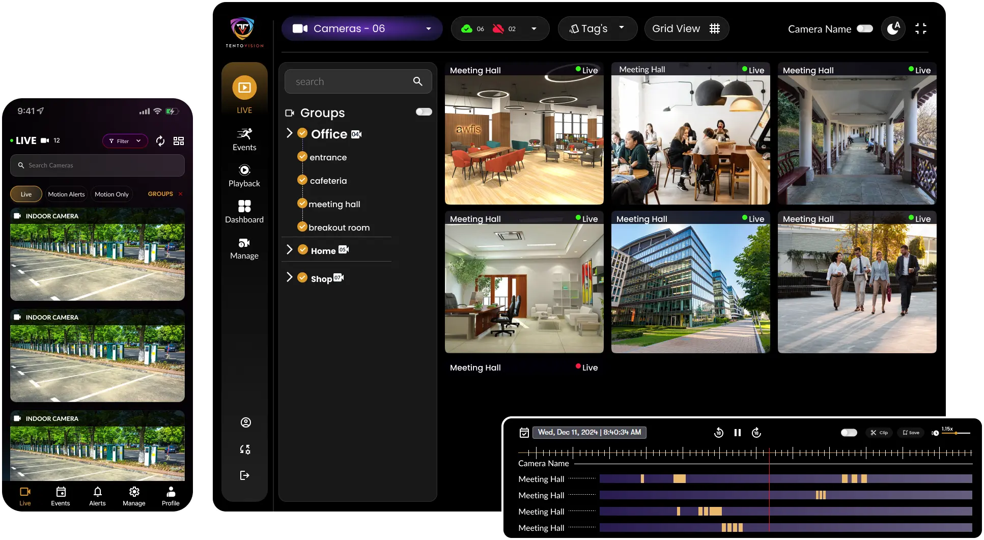Tentovision factory CCTV monitoring dashboard showing 4 live camera feeds with AI overlays: fire detection in under 5 seconds at solvent store with red bounding box (Nippon Paint), PPE compliance check on production line floor with green helmet and vest detection (Line 3), tyre counting at loading bay 2 with running count of 248 (MRF), and OCR barcode inspection on packaging line reading batch and EXP-26 expiry data — all four feeds across one platform on existing factory cameras