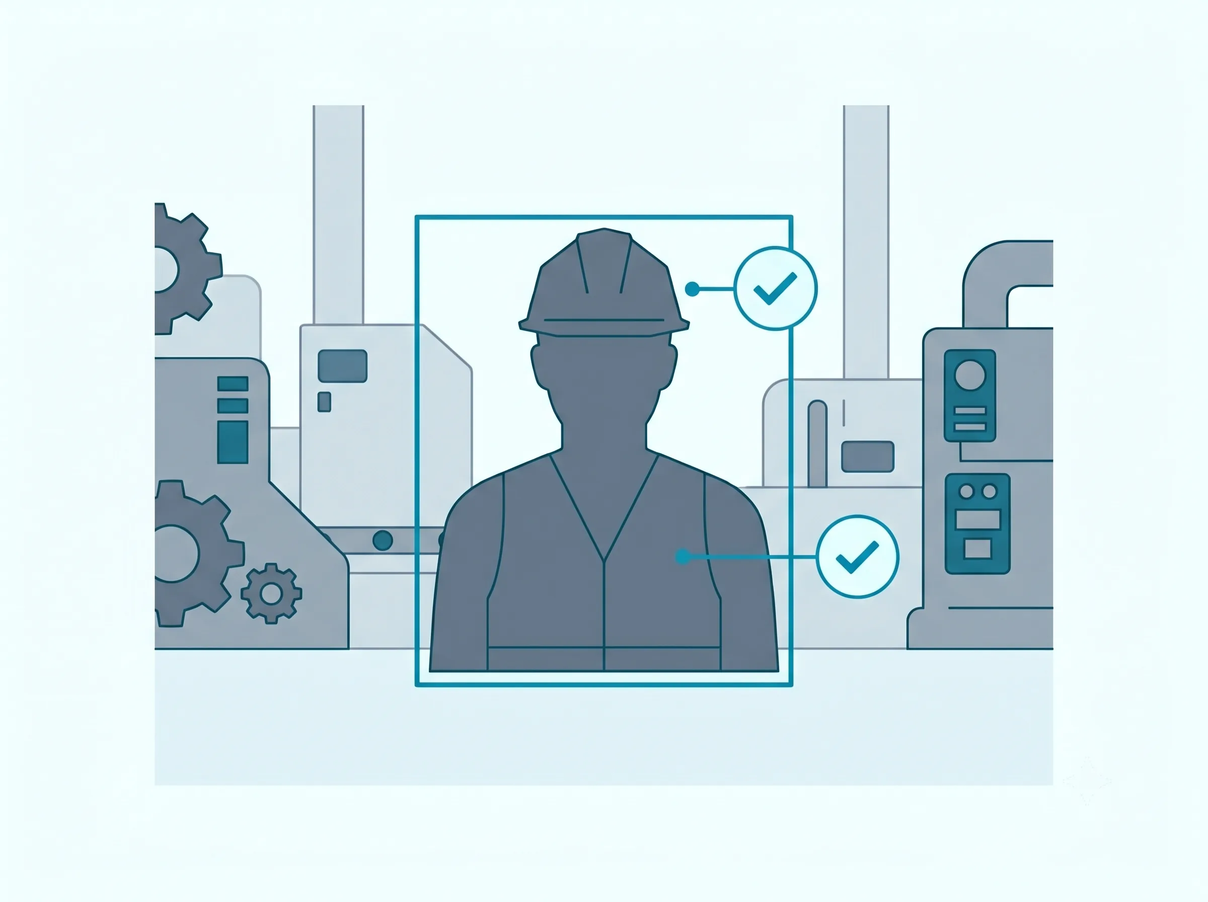 Tentovision AI PPE detection overlay on factory camera feed showing green bounding boxes with HELMET DETECTED and VEST DETECTED labels on a production line worker, with confidence percentages and zone compliance status