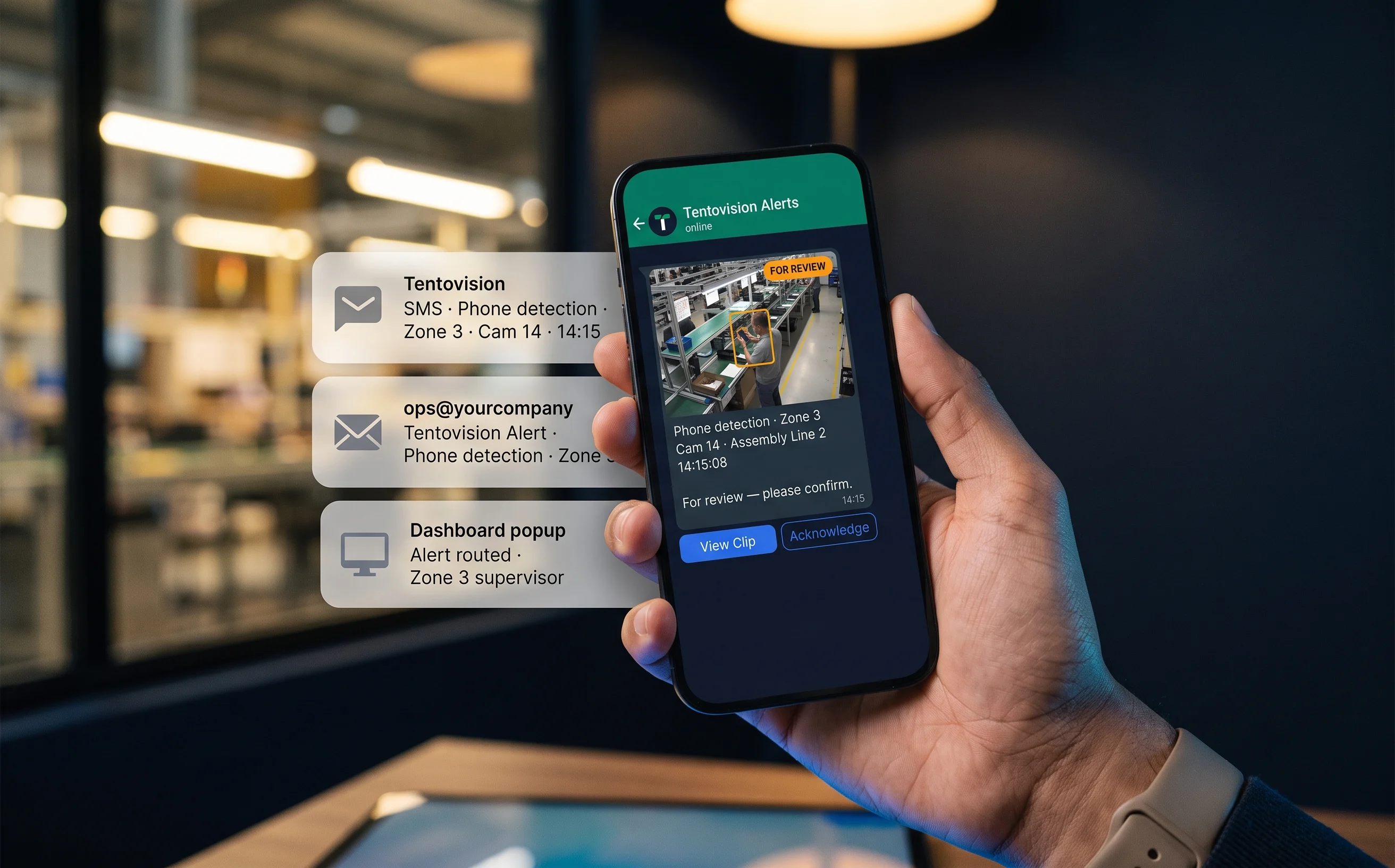 Instant multi-channel supervisor alert with snapshot, camera ID, zone, and timestamp routing to phone via WhatsApp