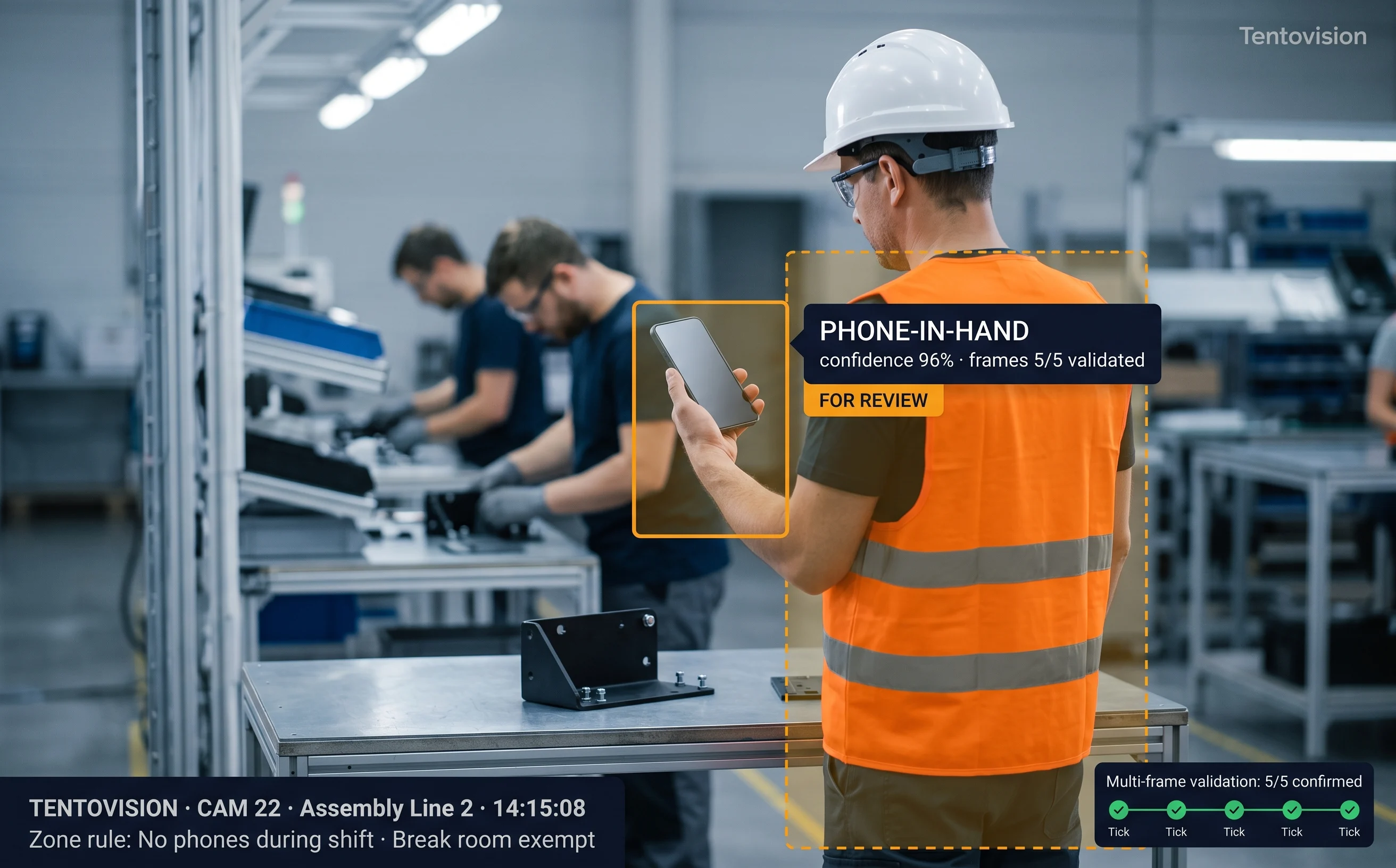 Real-time AI phone-in-hand detection on a manufacturing production line with amber for-review overlay
