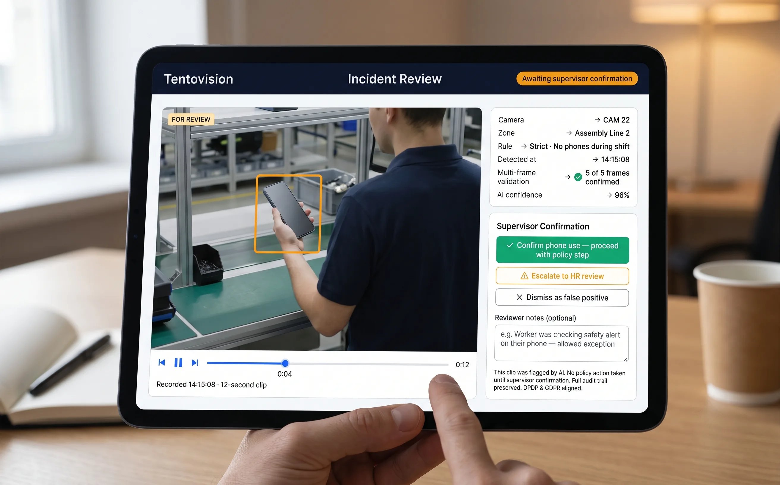 Timestamped video evidence and incident report of a phone-usage detection for supervisor and HR review with clip snapshot and zone metadata