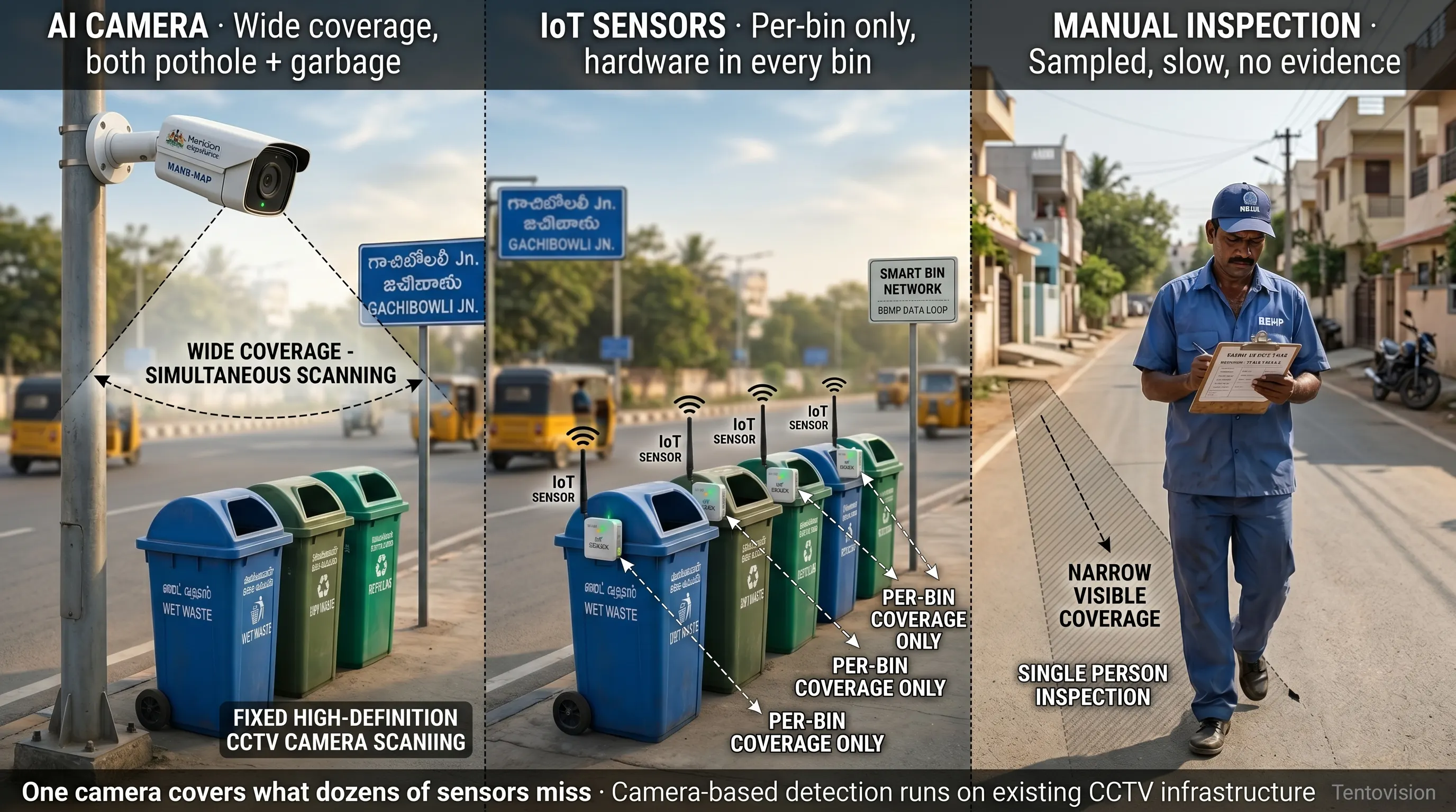 Comparison of camera-based pothole and garbage detection with IoT sensors and manual inspection