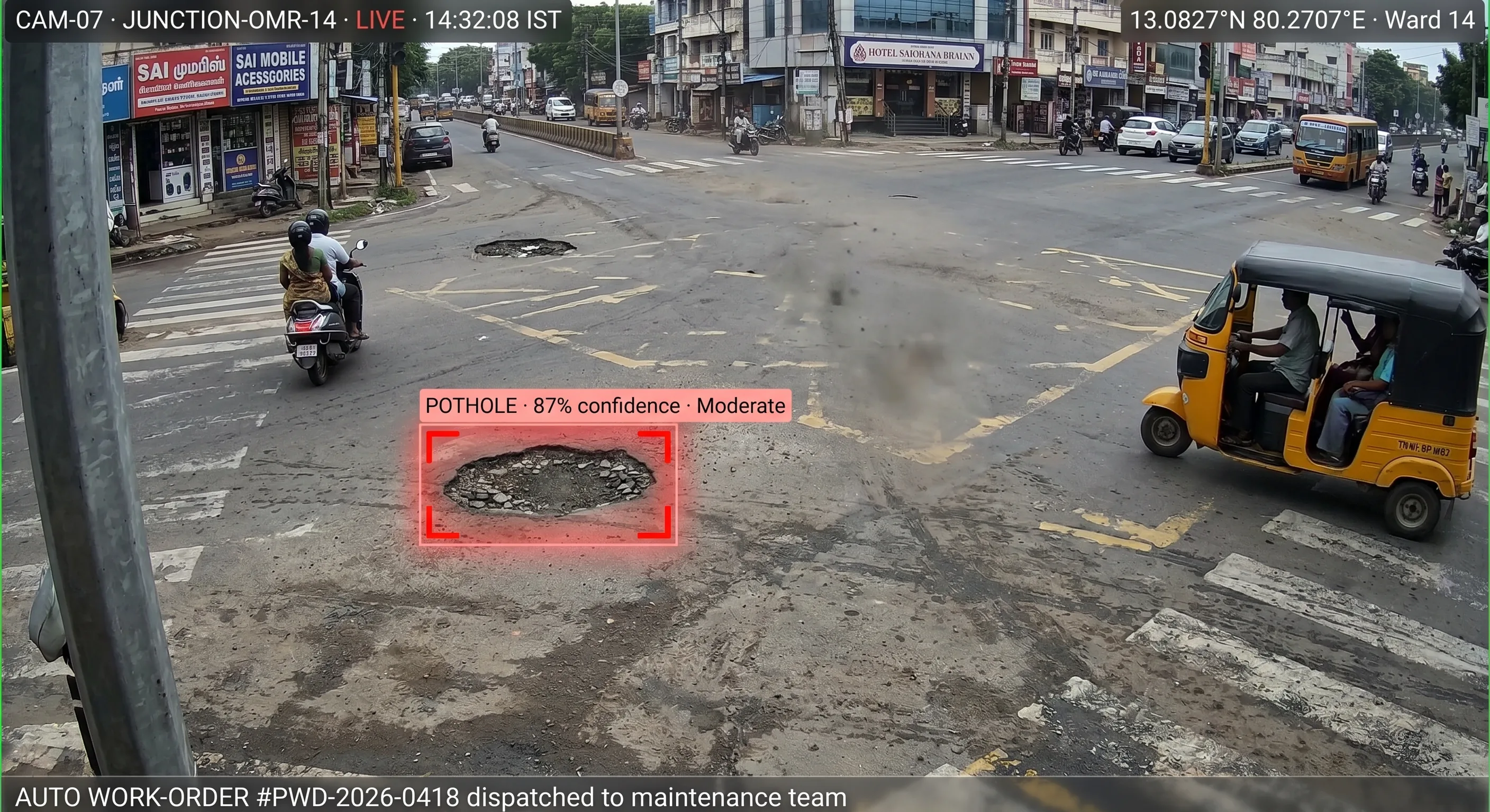 Tentovision AI detecting a fresh pothole from a fixed junction CCTV camera with severity classification