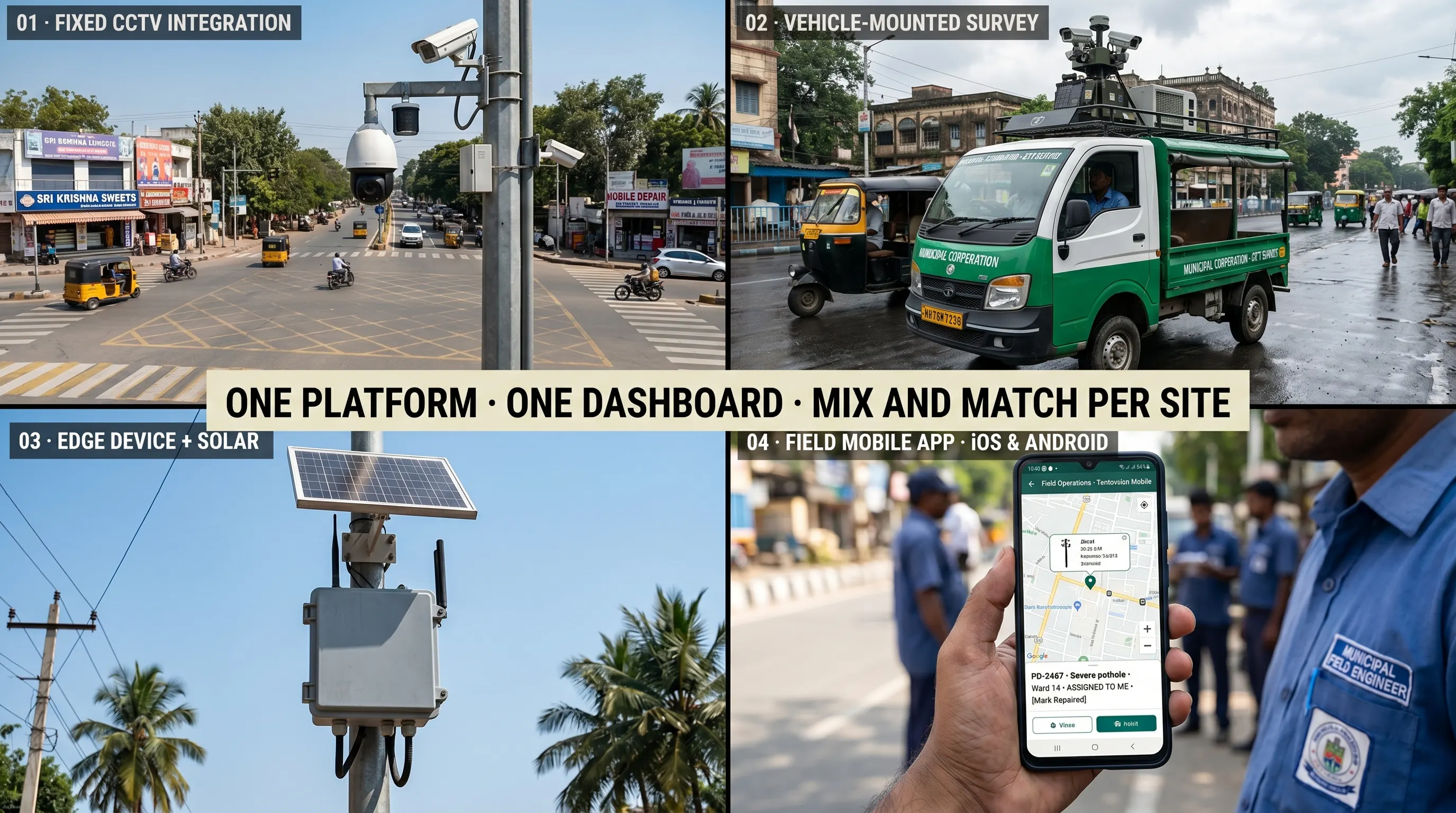 Tentovision deployment flexibility — fixed CCTV, vehicle-mounted, edge-solar, mobile app feeding one dashboard