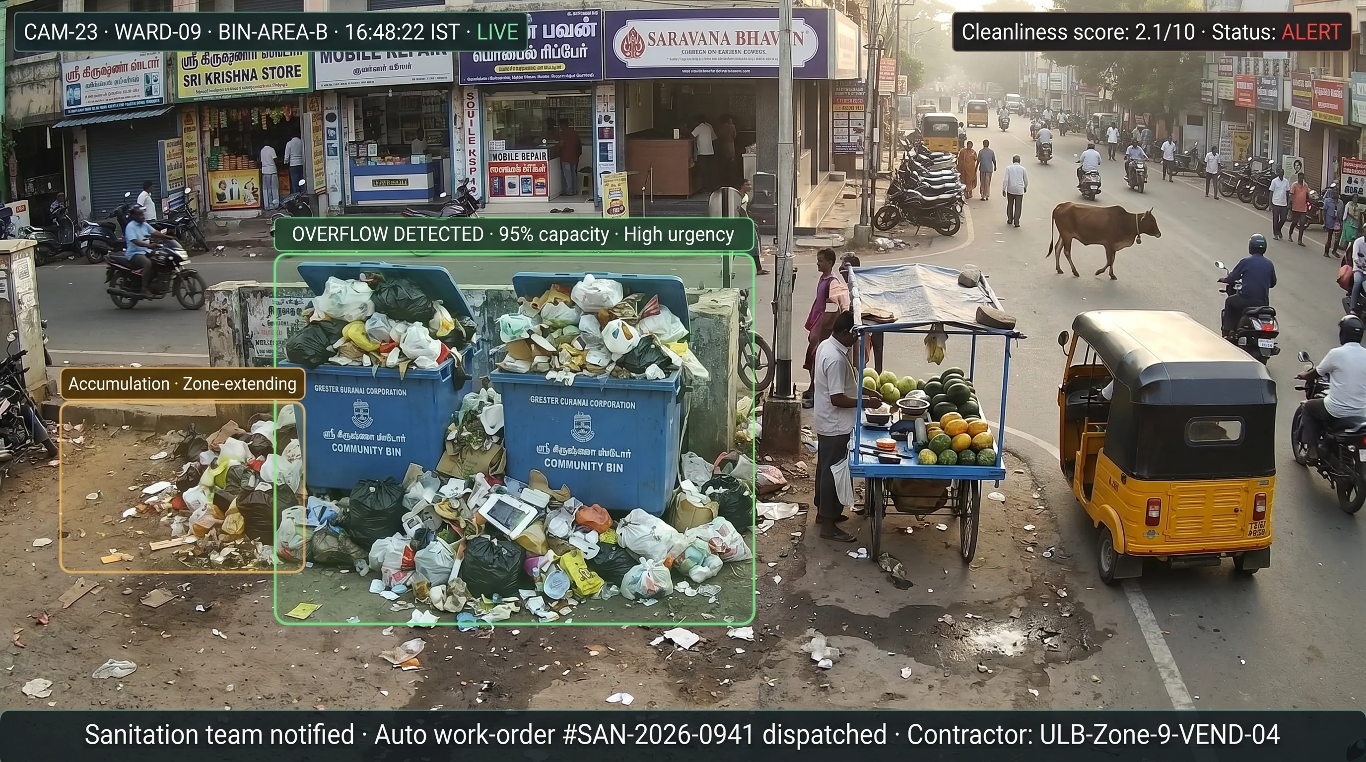 Camera-based garbage overflow and accumulation detection at a city bin area