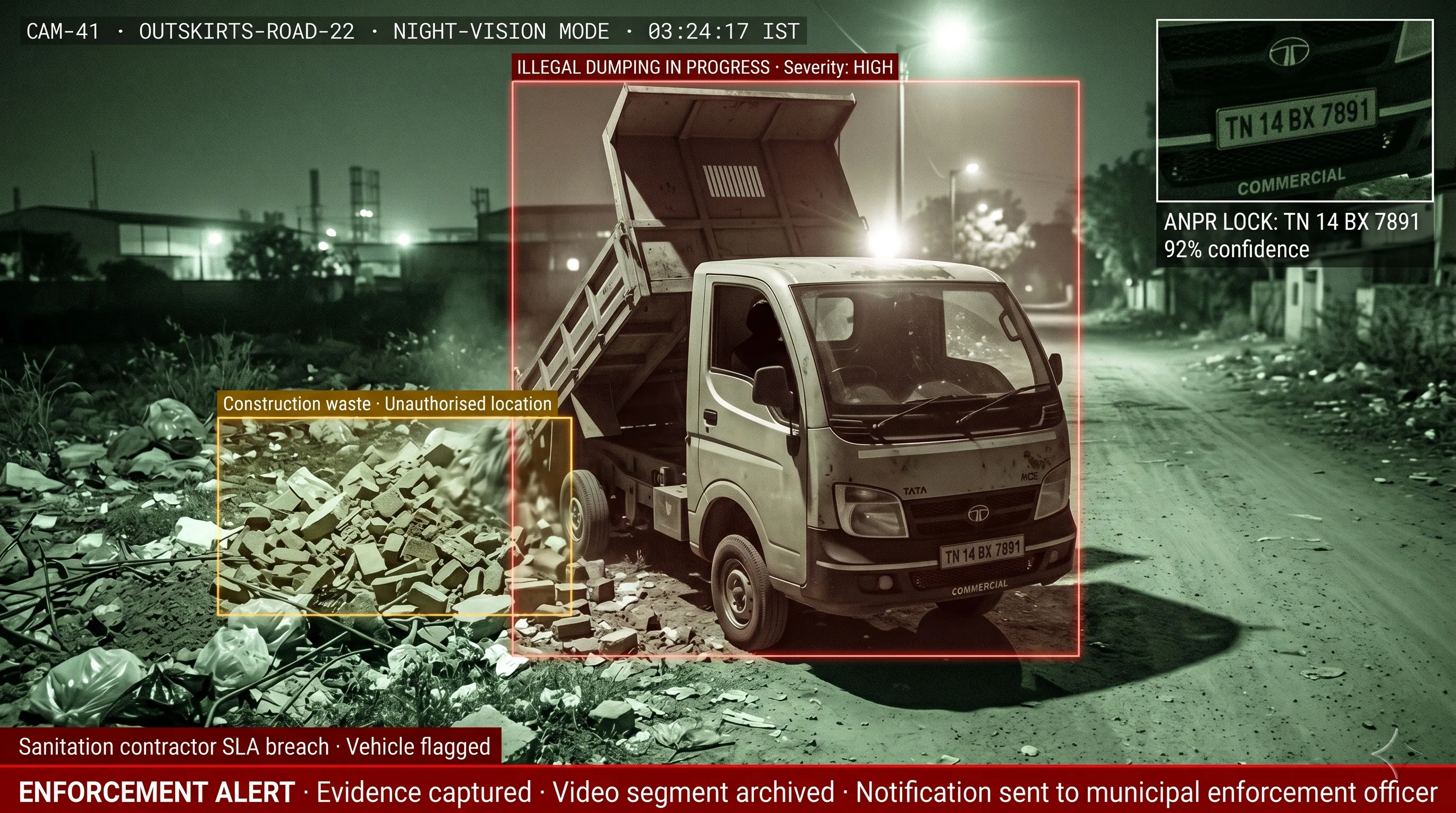 Illegal dumping detection capturing a vehicle dumping construction debris with ANPR