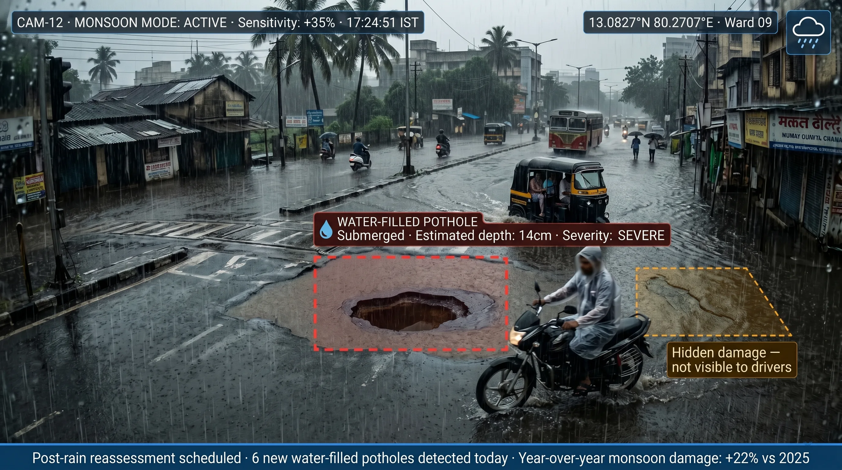 Tentovision monsoon mode detecting a partially water-filled pothole on a flooded Indian road