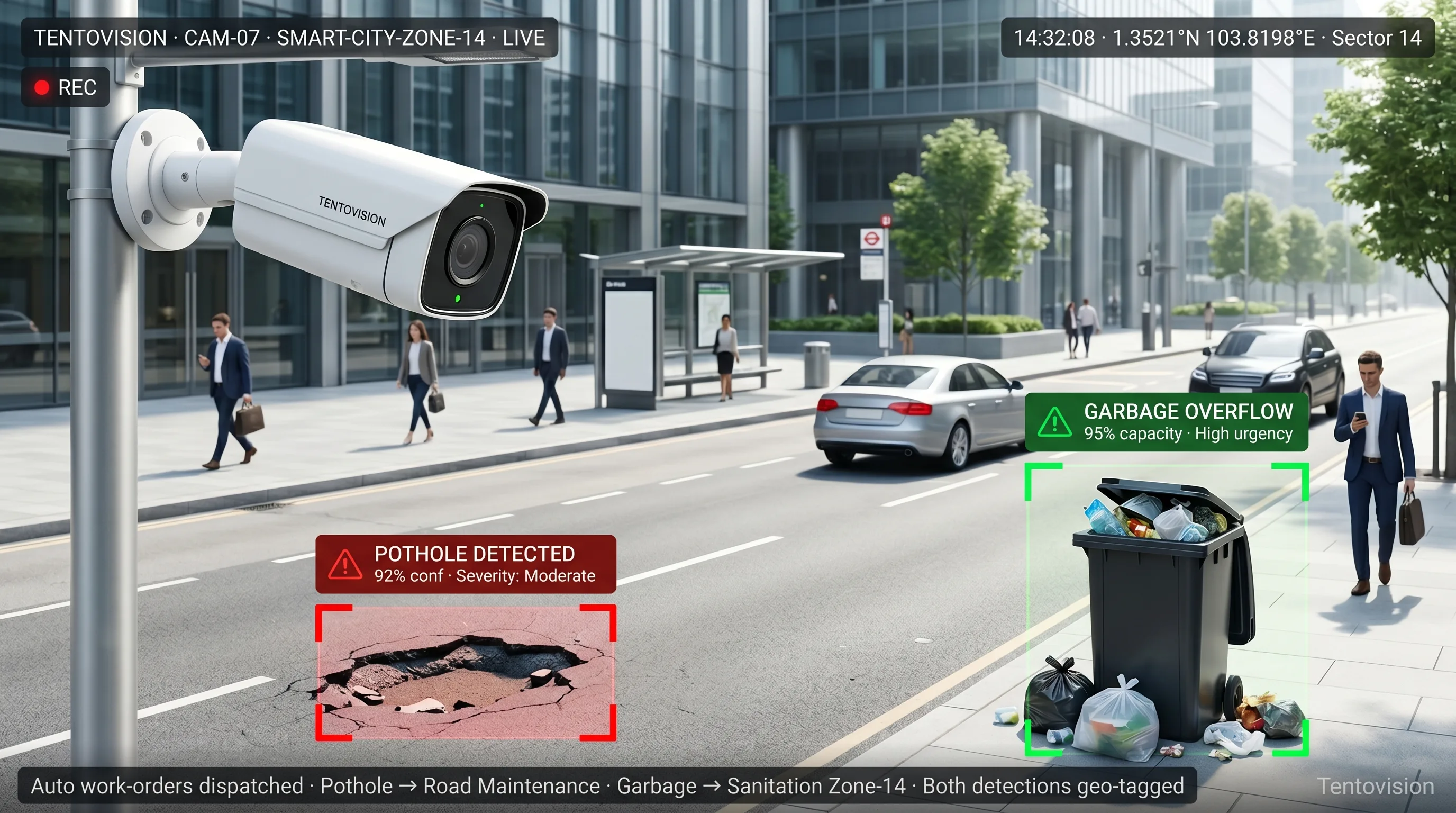 Tentovision road and waste dashboard mapping pothole and garbage detections across a city