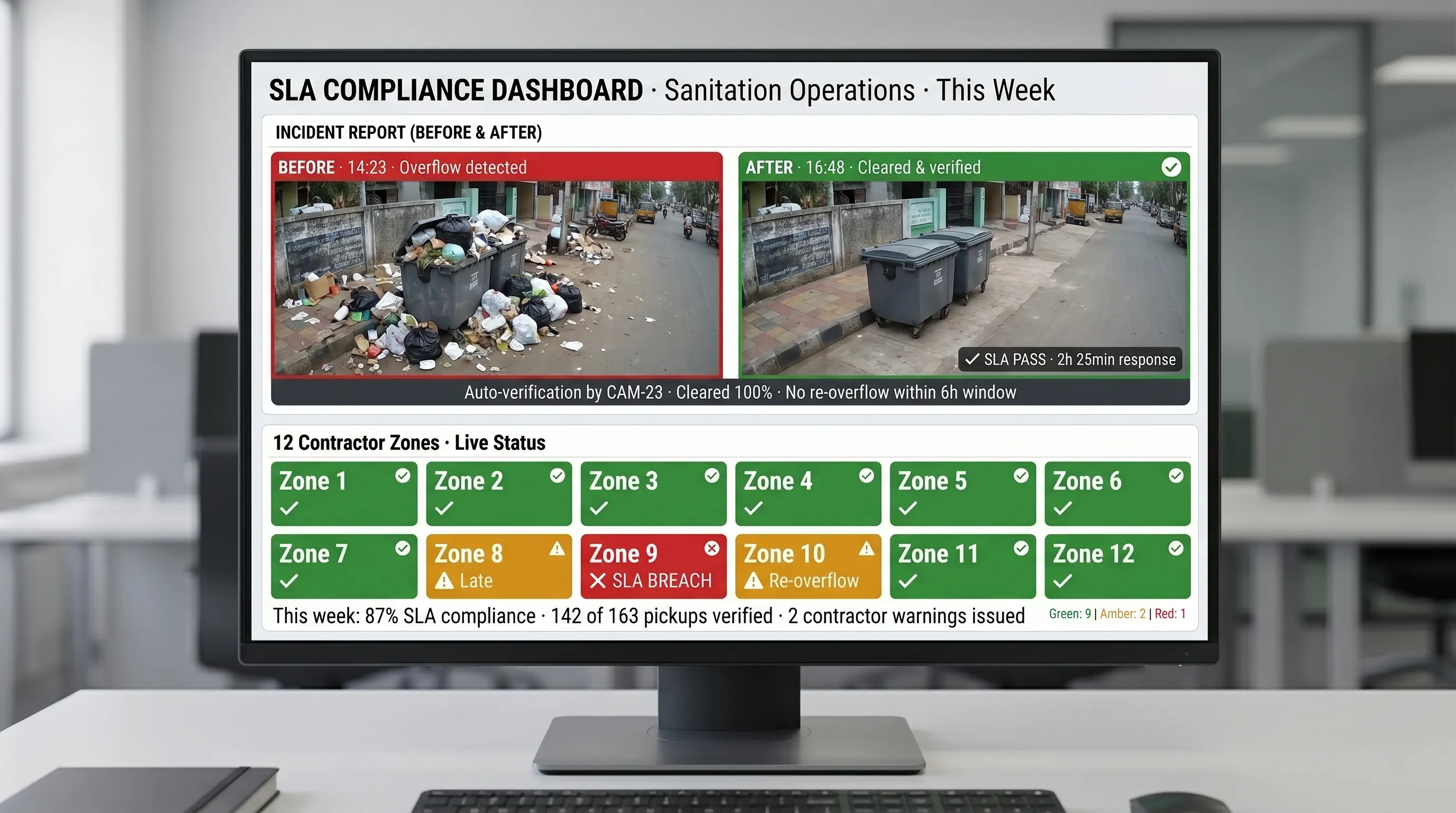 Sanitation SLA compliance dashboard showing pass/fail contractor zones with before/after evidence