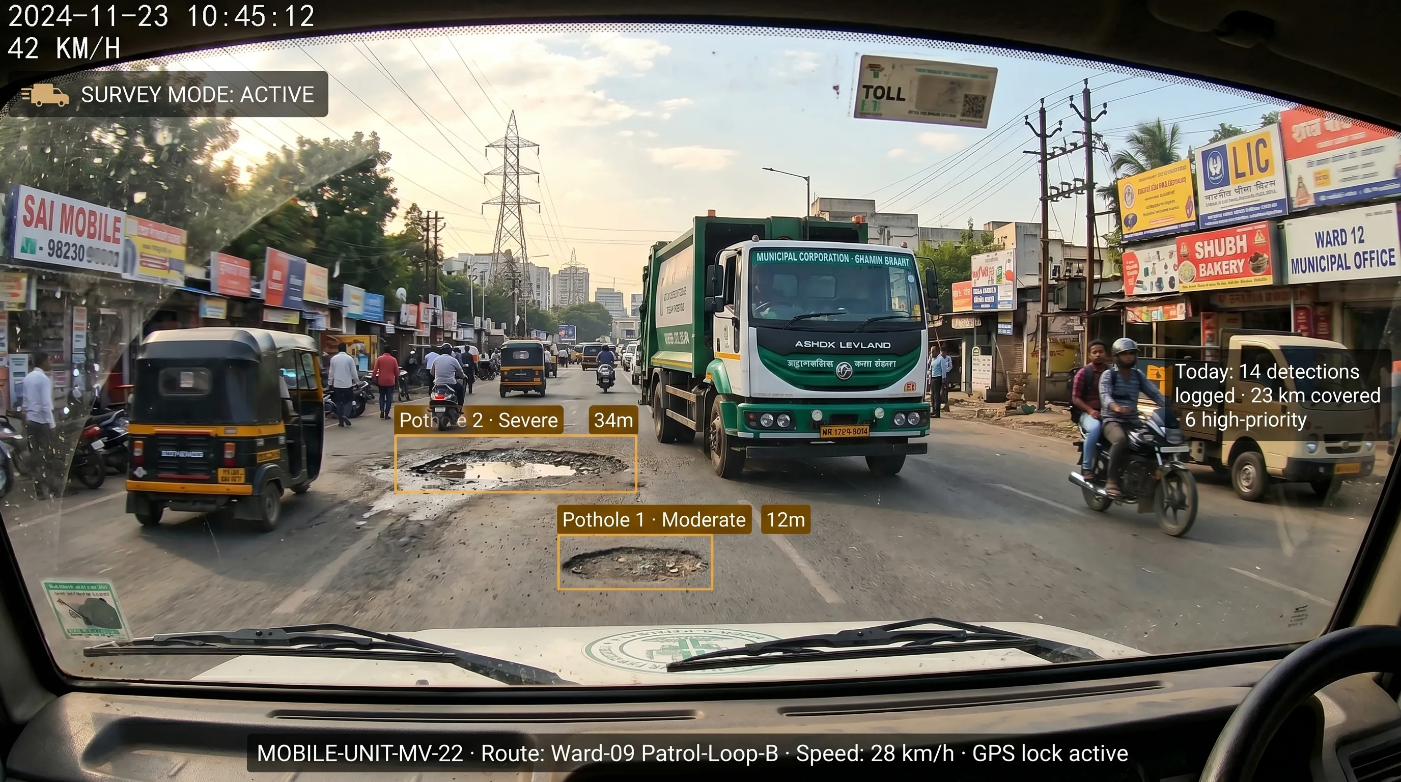 Vehicle-mounted camera surveying road surface condition during a patrol route