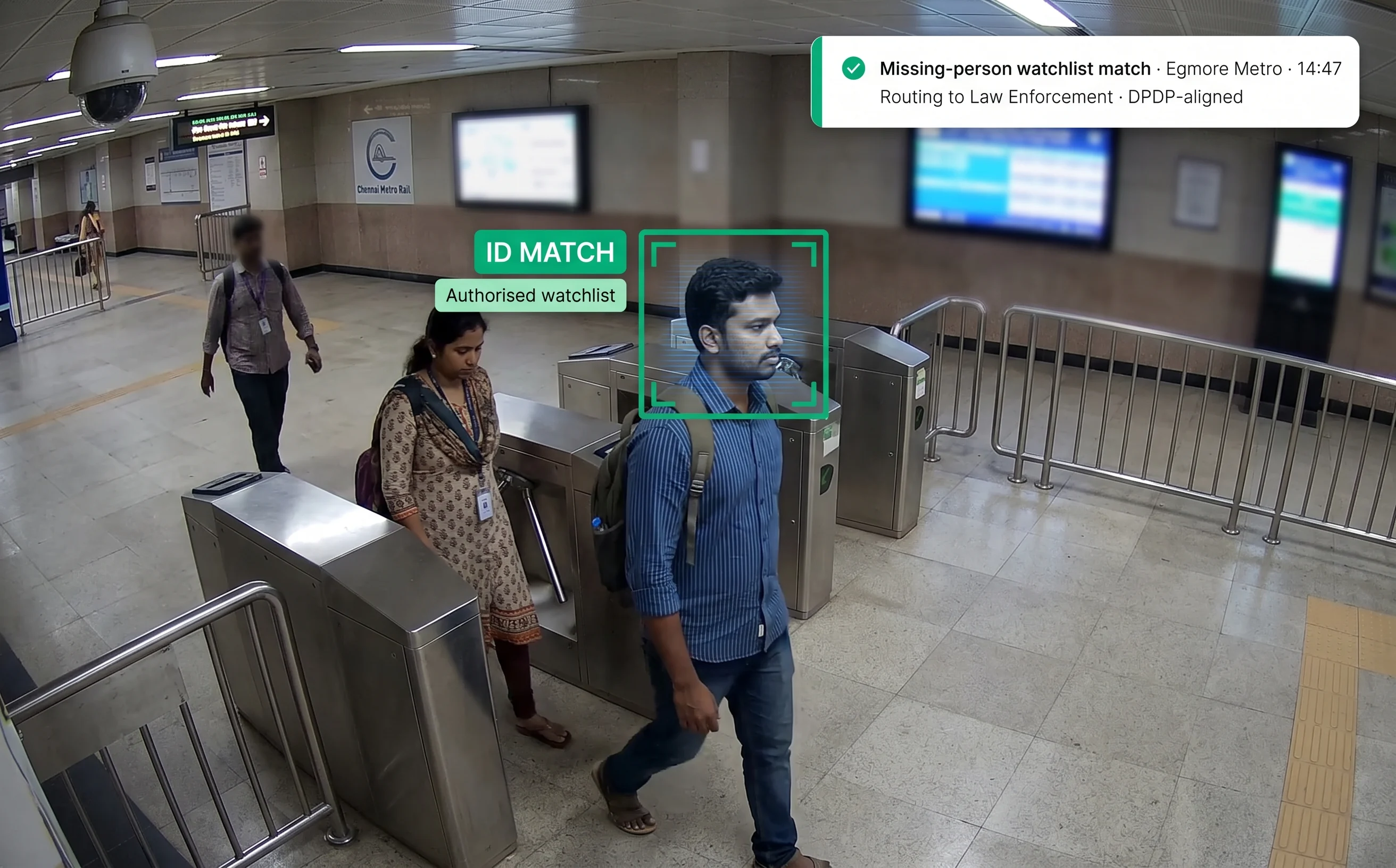 Tentovision AI face recognition matching against authorised watchlists in a public space, designed for DPDP Act 2023 compliance