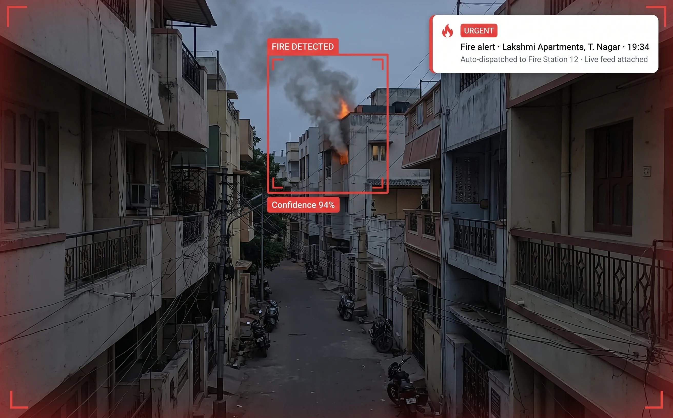 Tentovision visual fire and smoke detection in a dense urban block alerting the nearest fire station