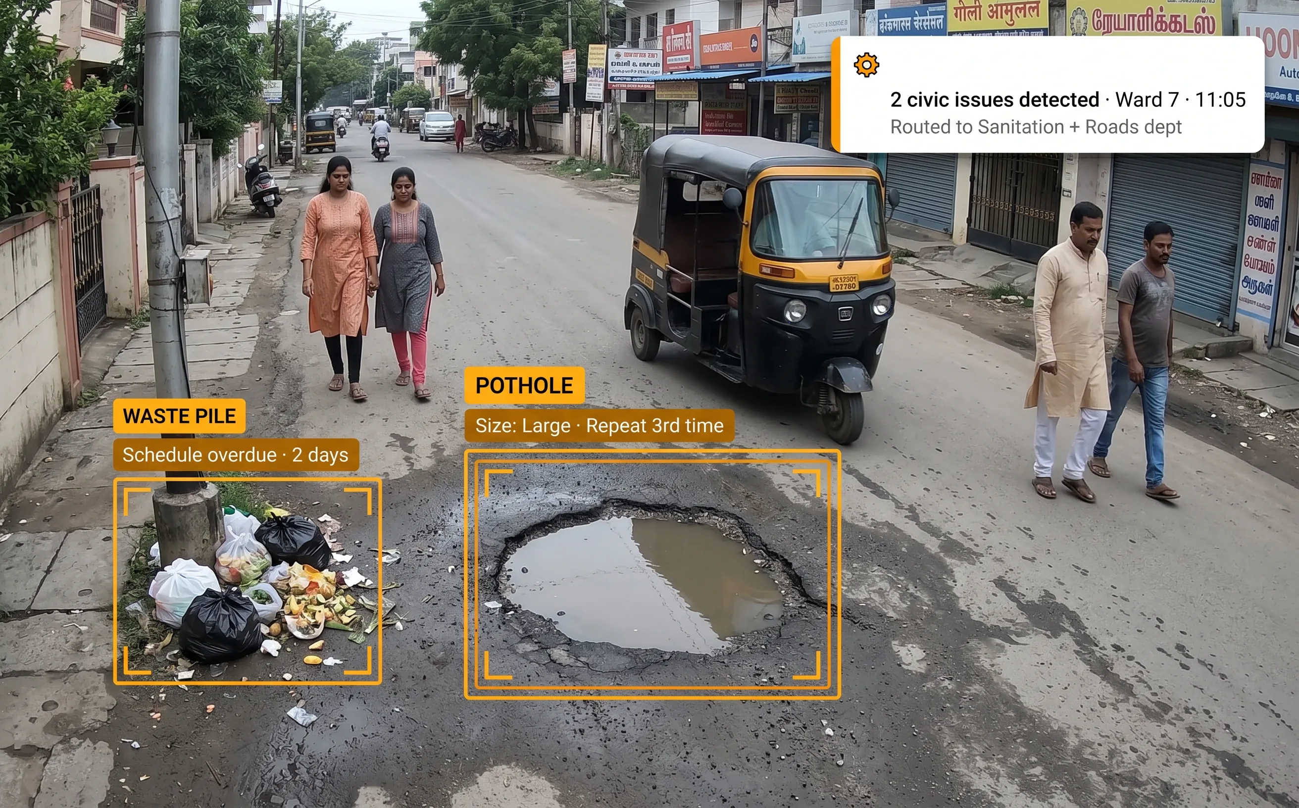 Tentovision municipal infrastructure monitoring detecting potholes and garbage accumulation on a city route
