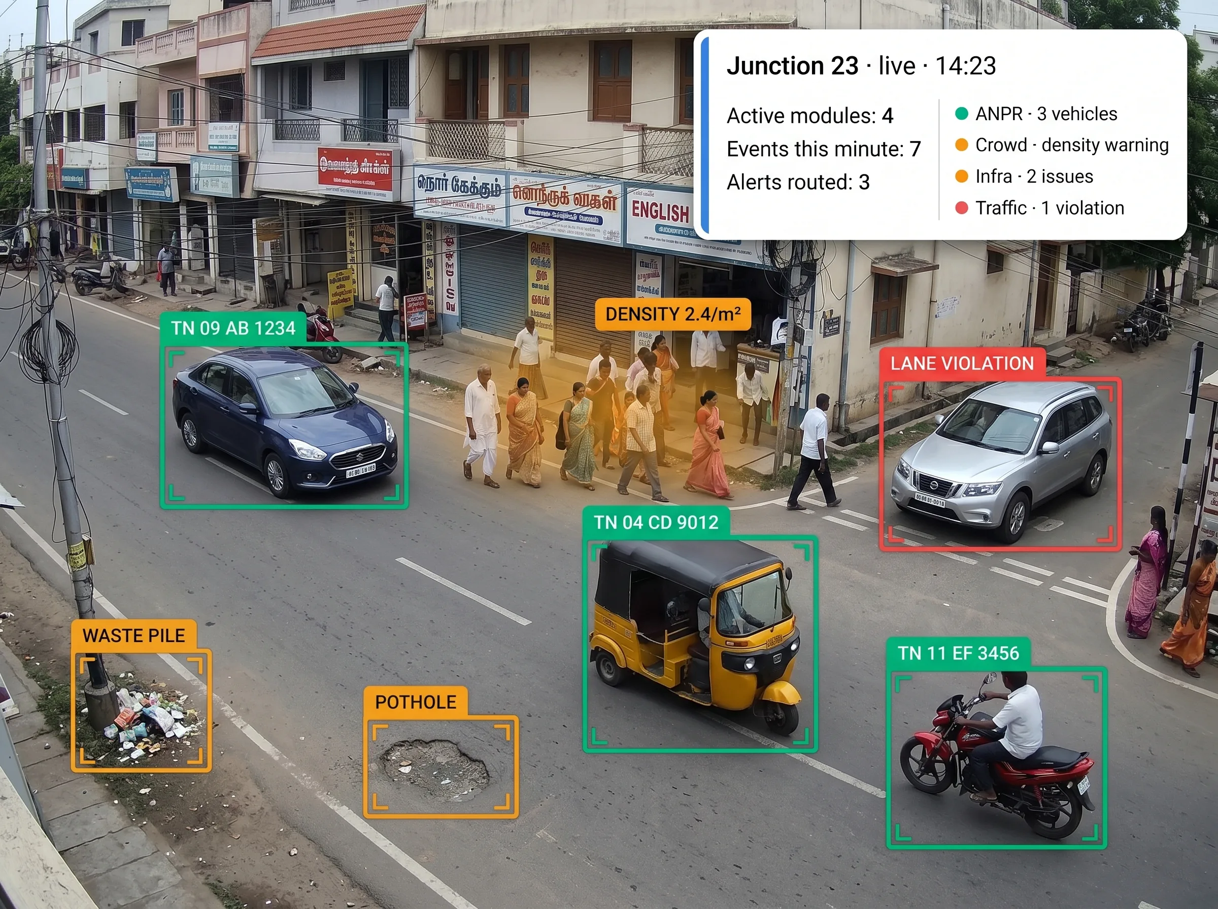 Tentovision smart city video analytics dashboard showing AI detections across a city camera network on a GIS map