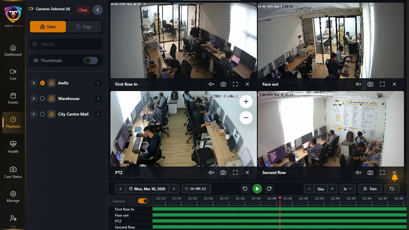 TentoVision enterprise VMS multi-camera synchronised recording and playback timeline