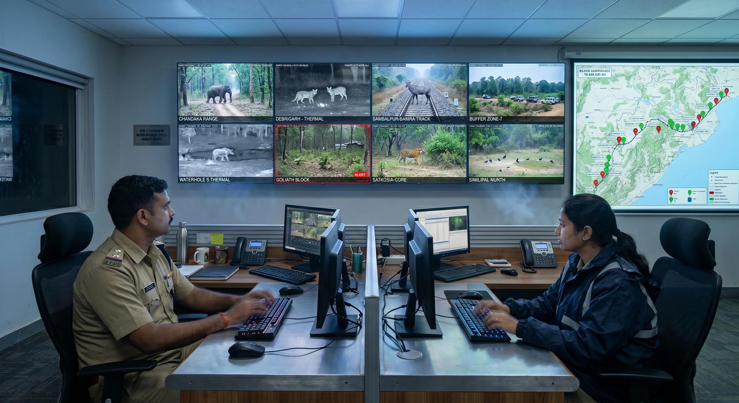 Centralized dashboard monitoring wild animal detection cameras across multiple railway corridors and highway sections