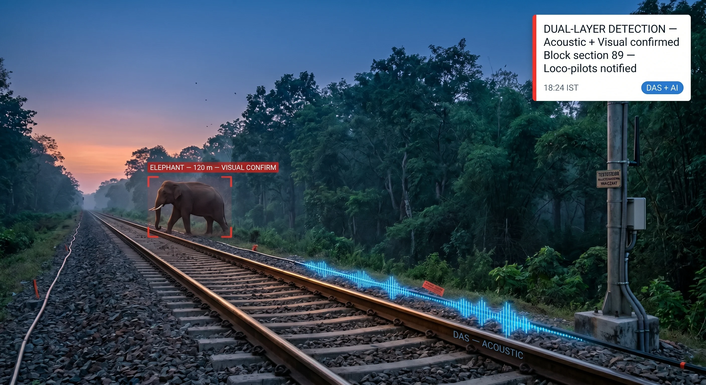 Tentovision visual species identification layered with Distributed Acoustic Sensing on a railway elephant corridor