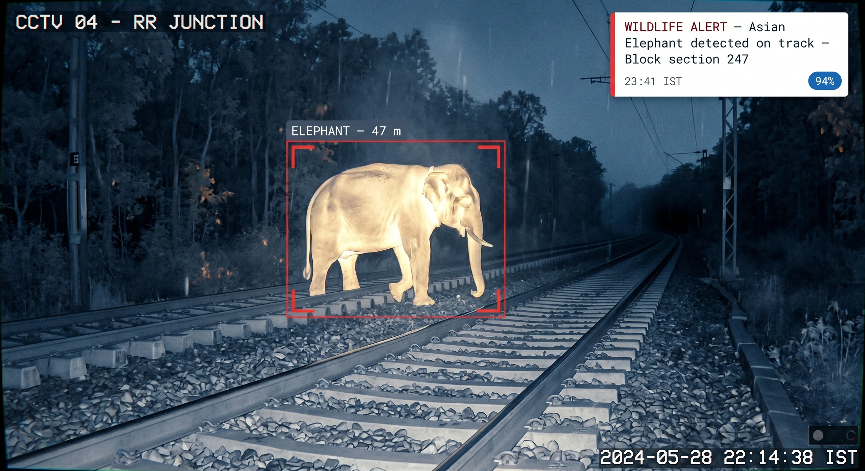 Tentovision wild animal detection system identifying an elephant near a railway track at night using a thermal camera