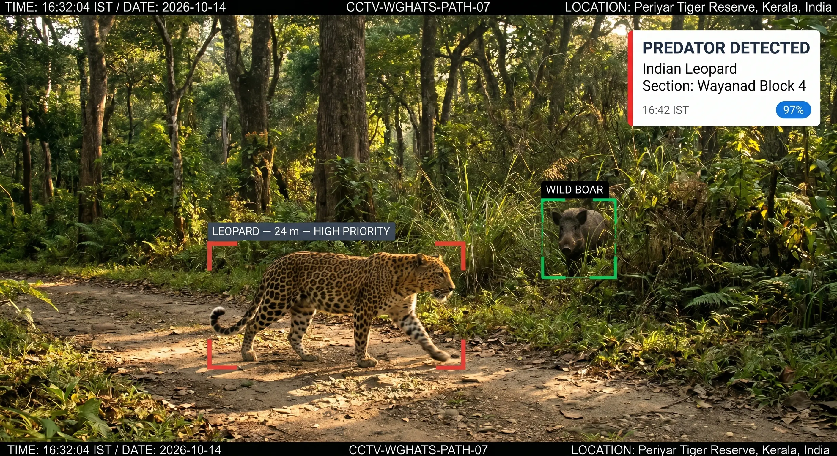 Tentovision AI labelling multiple wild animal species (elephant, wild boar, leopard) from a single camera feed
