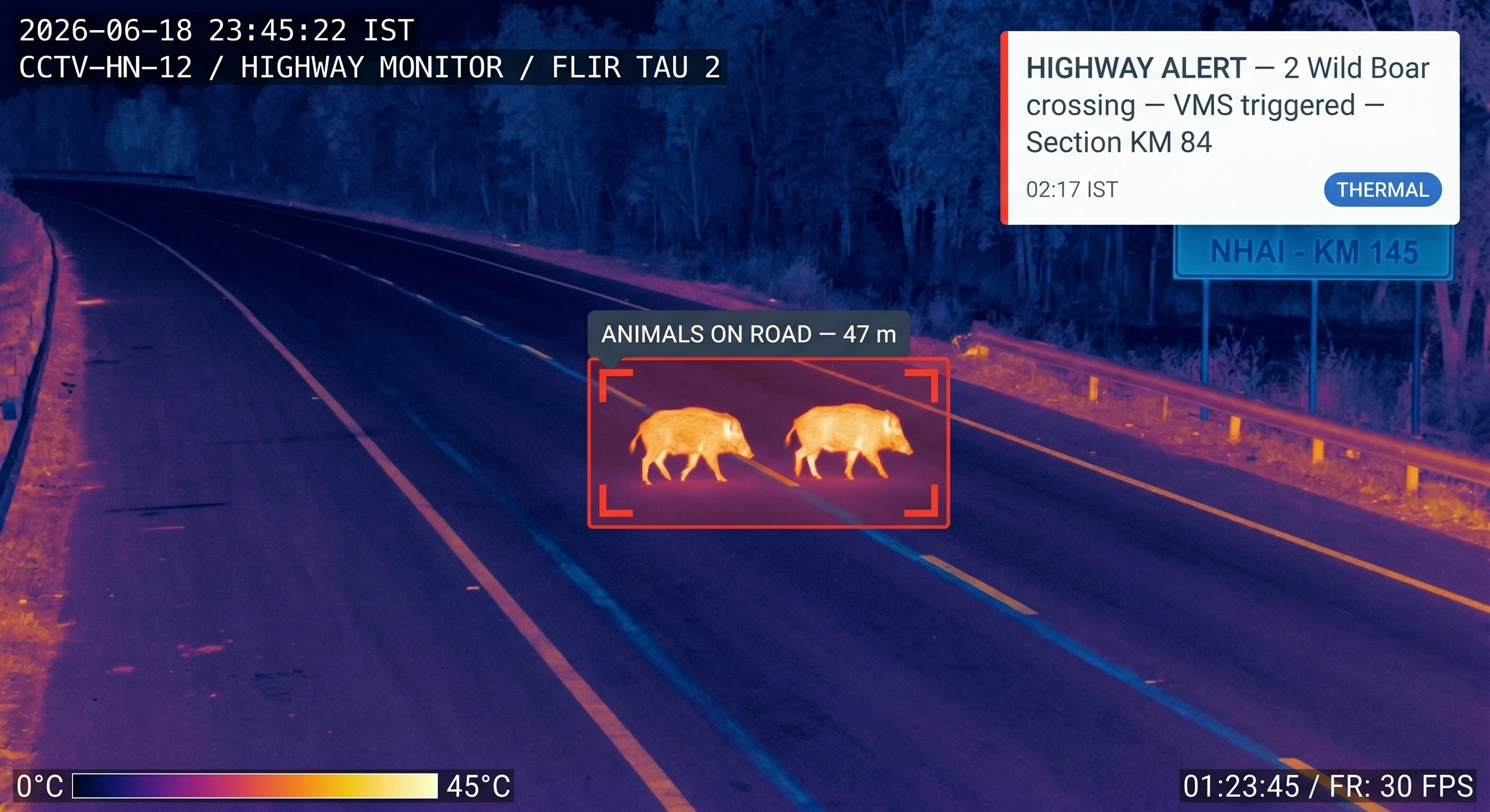 Thermal camera detecting an animal heat signature on a dark highway at night with AI classification overlay