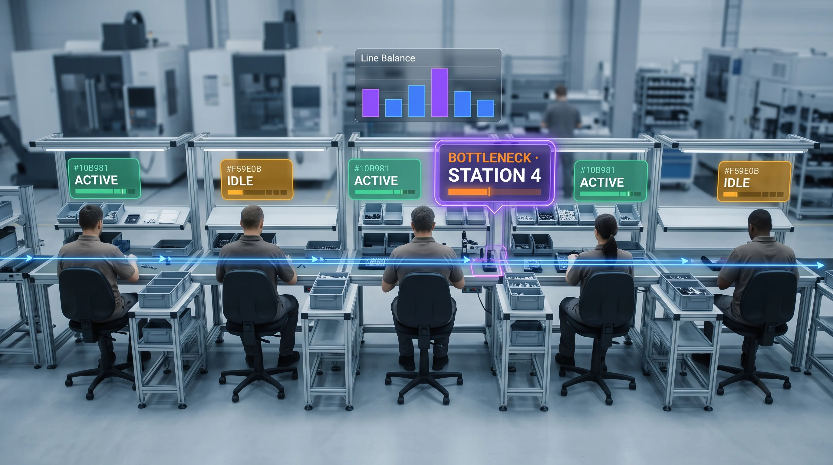 Tentovision AI showing active and idle manual assembly stations across a line on existing CCTV, anonymized at station level with a bottleneck highlighted